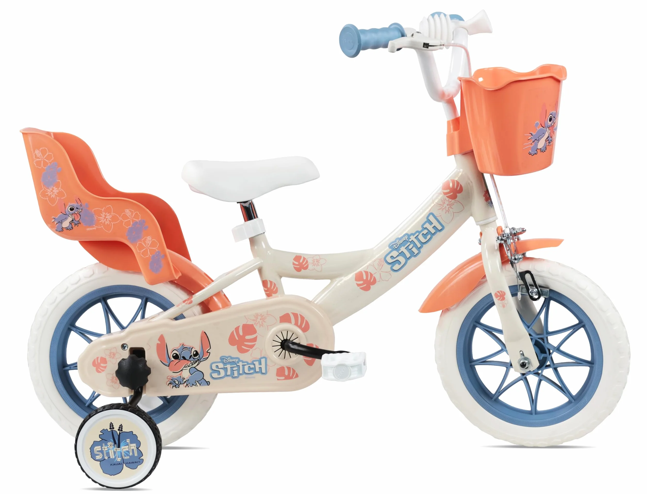Vélo Enfant 12' Stitch équipé de 1 Frein, Panier Avant, Porte poupée arrière, Garde boues, Carter et stabilisateurs Amovibles