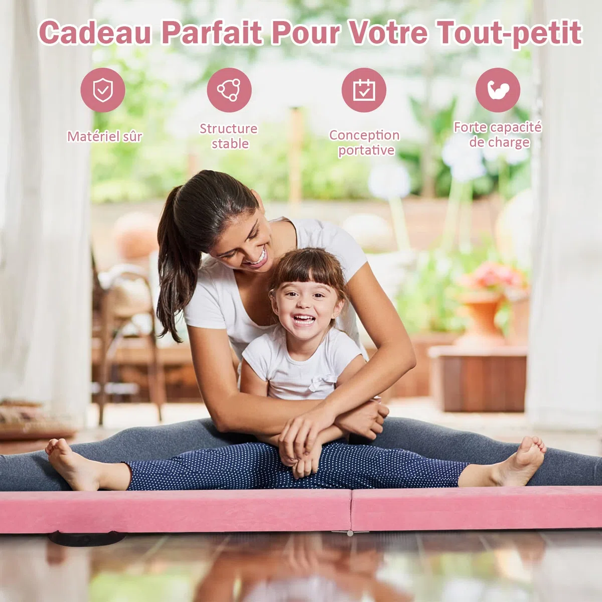 GYMAX Poutre Gymnastique pour Enfant, Poutre d'Équilibre Pliable 210CM, Portable, Robuste en Bois Massif, avec Patins Antidérapant & Surface Douce, Transport Facile, pour Danse/Fitness (Rose)