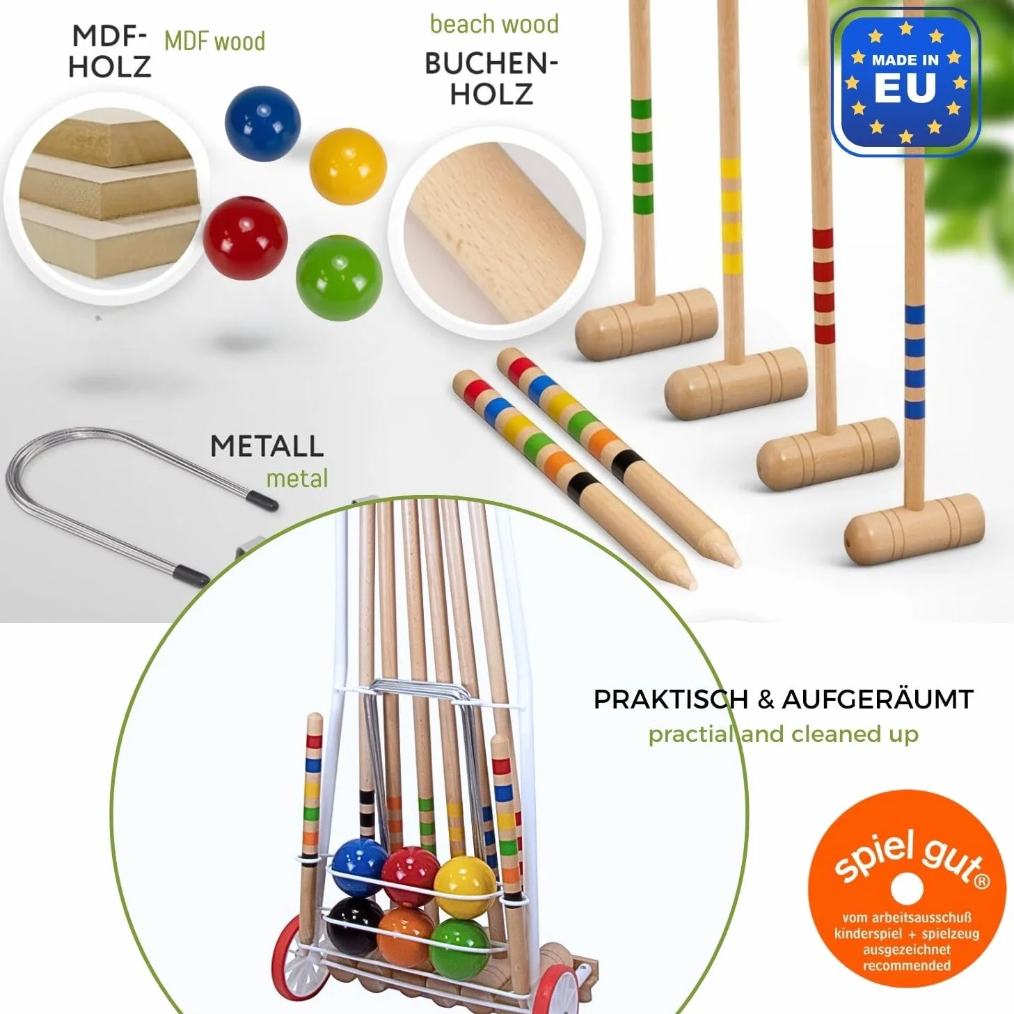GICO Jeu de Croquet de qualité en Chariot en Metal Famille - Jeu en Plein air - 6 Joueurs - 4 maillets Taille 80 cm Enfants, 2 maillets 100 cm Adultes - Qualite de EU - 3136