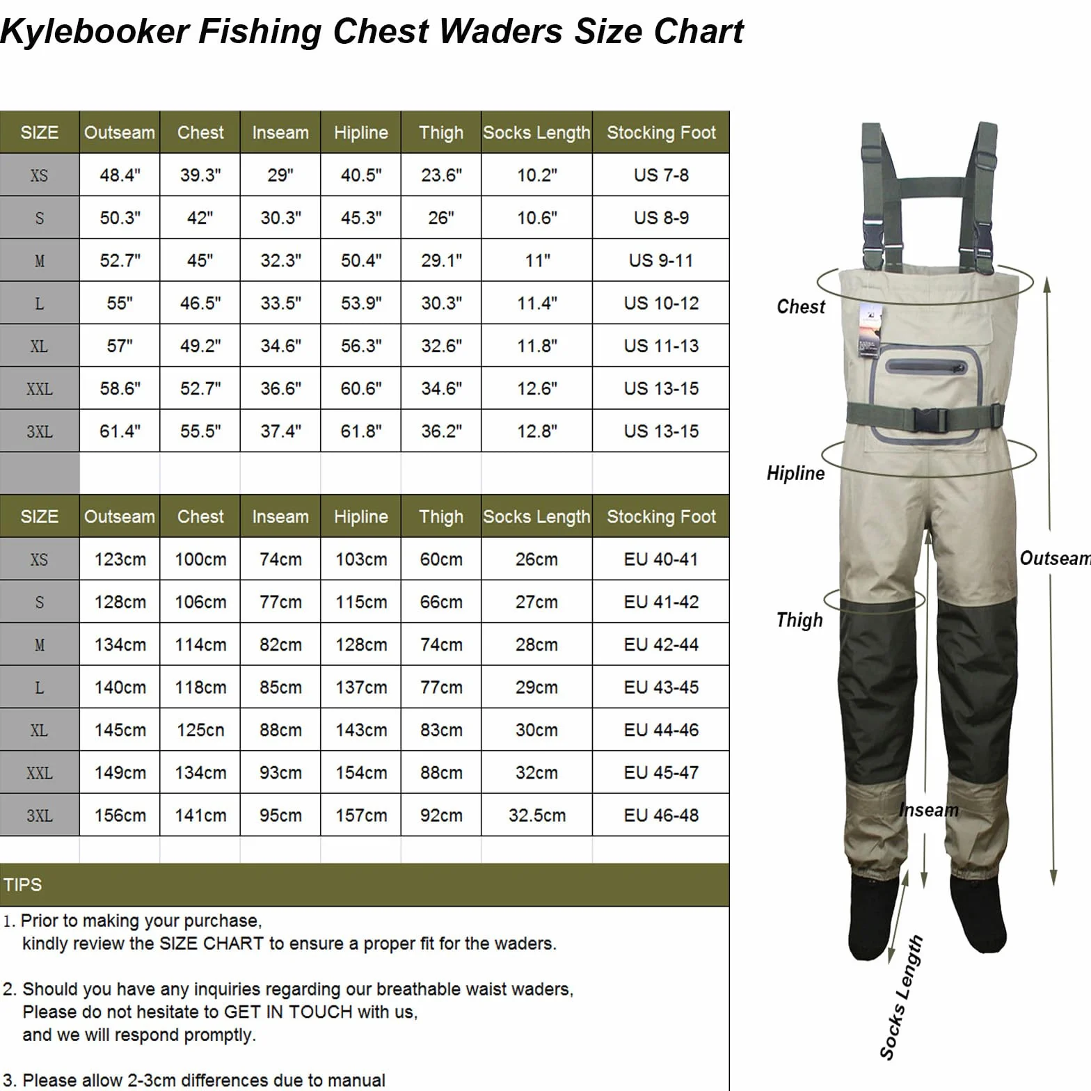Kylebooker Pêche à la Mouche Stockingfoot Waders Poitrine Chaussants Abordable Respirable Poitrine Respirantes Imperméables à l'eau