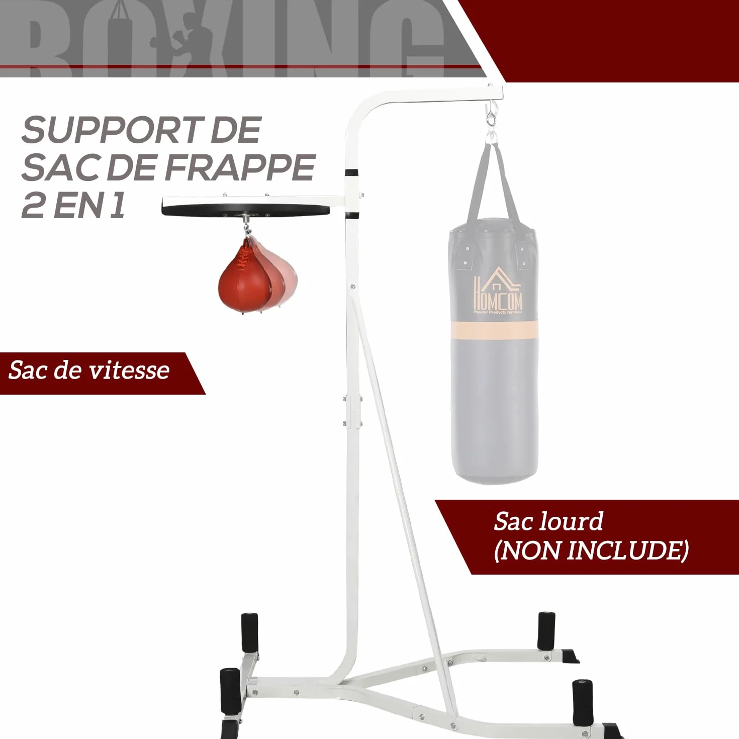HOMCOM Support pour Sac de Frappe sur Pieds autoportant 2 en 1 avec Poire de Vitesse Hauteur de Plaque Ronde réglable, équipement d'entraînement en Acier Robuste pour Maison Blanc