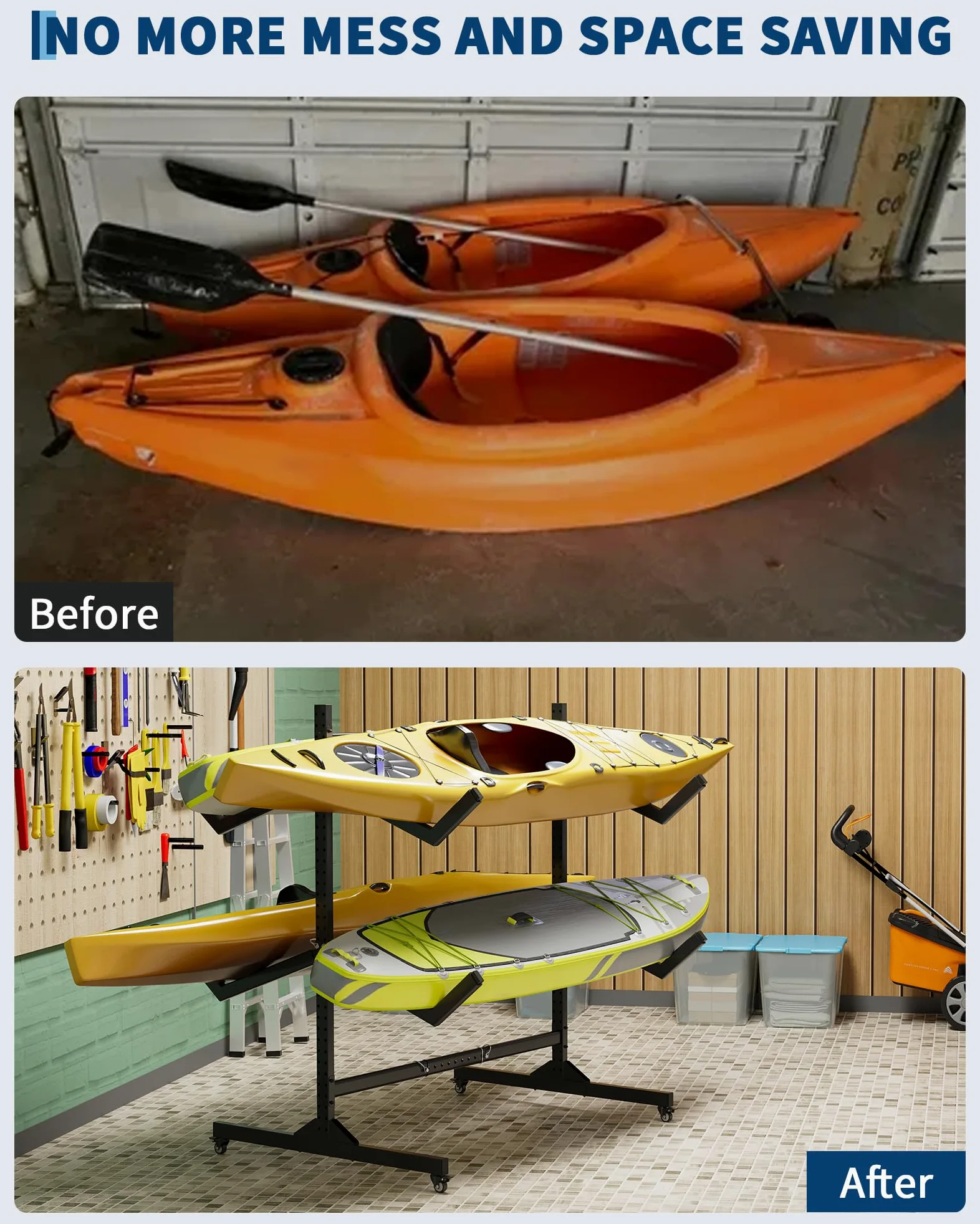 Garvee Rack de Rangement autoportant Double Face, Robuste et réglable, pour 4 Kayaks, canoës, Sup et Planches – roulettes verrouillables – Idéal Garage, abri ou Quai – Spécification : Double Face