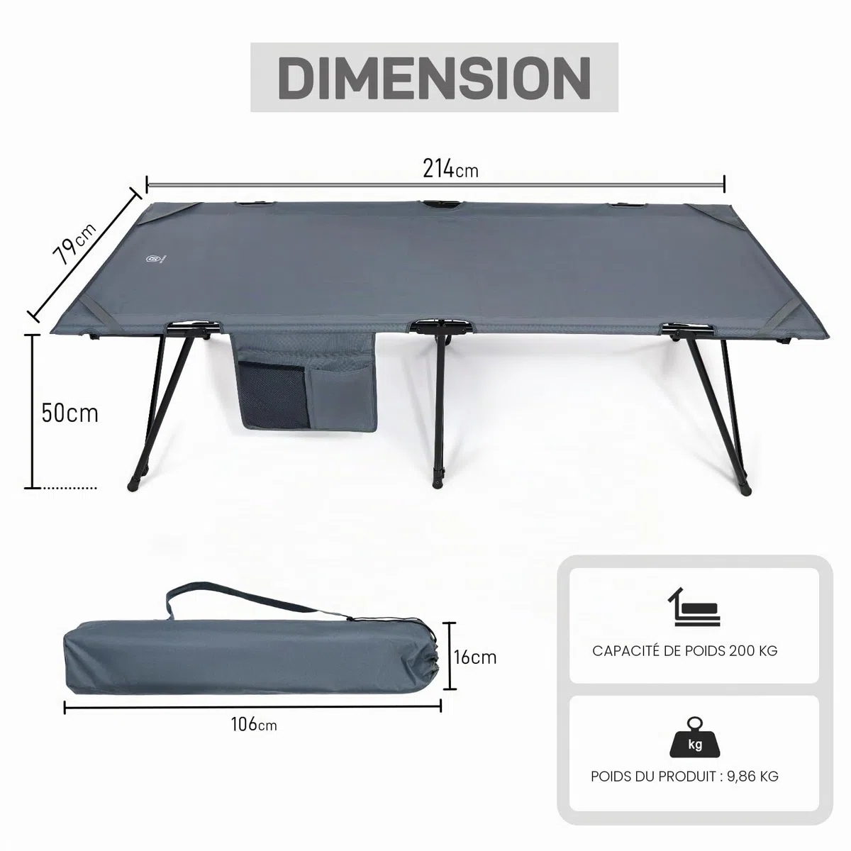 EVER ADVANCED Lit de Camping Pliable XL 214x79x50cm, Charge maximale 200 kg, Lit de Camp Large avec Poche latérale, Stable et Portable, pour Camping, Voyage, Jardin, extérieur et intérieur