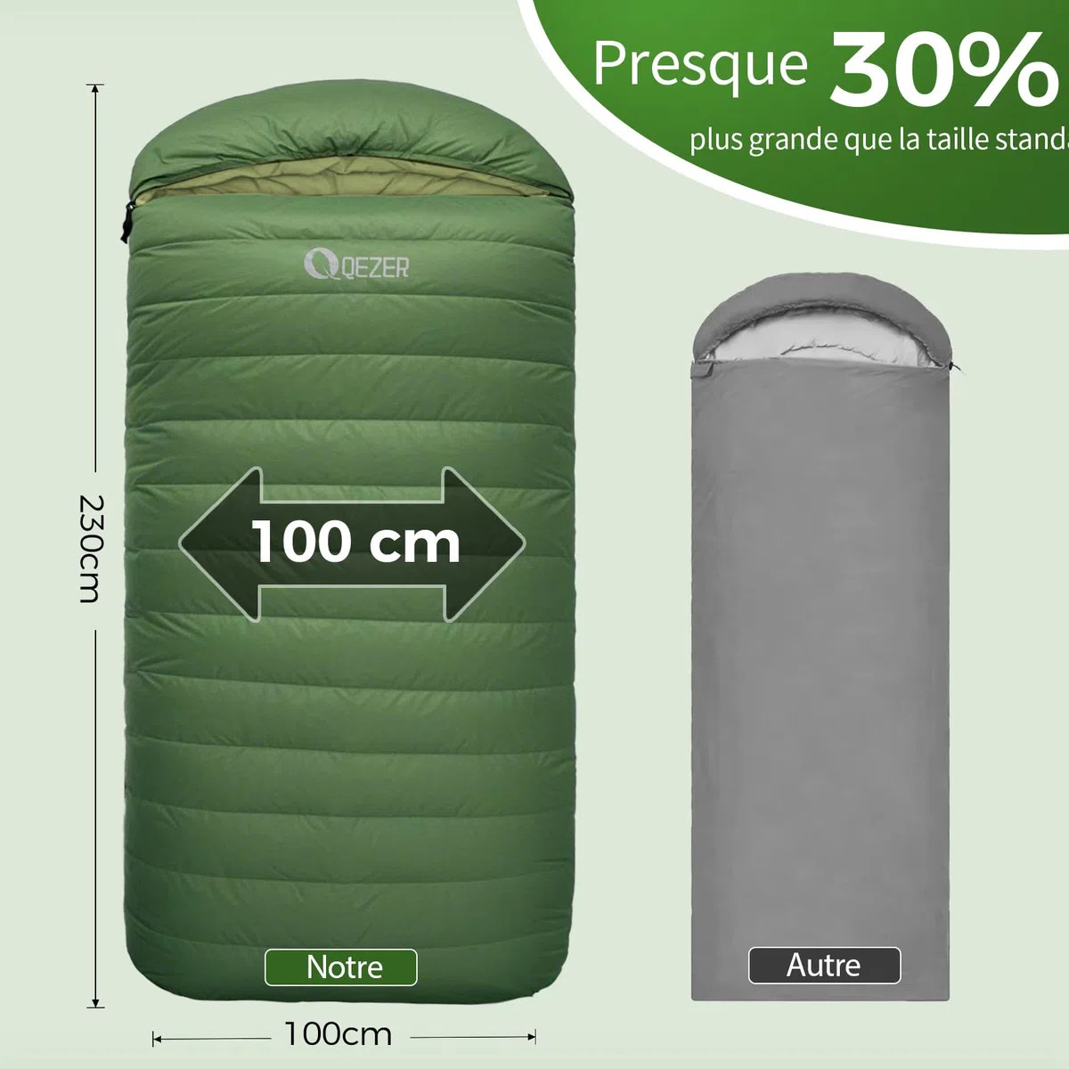 Sac de Couchage Extra Large QEZER en Duvet XXL 230 x 100 cm, 3-4 Saisons, léger et Chaud, pour Adulte, idéal pour Le Camping, la randonnée et la randonnée.