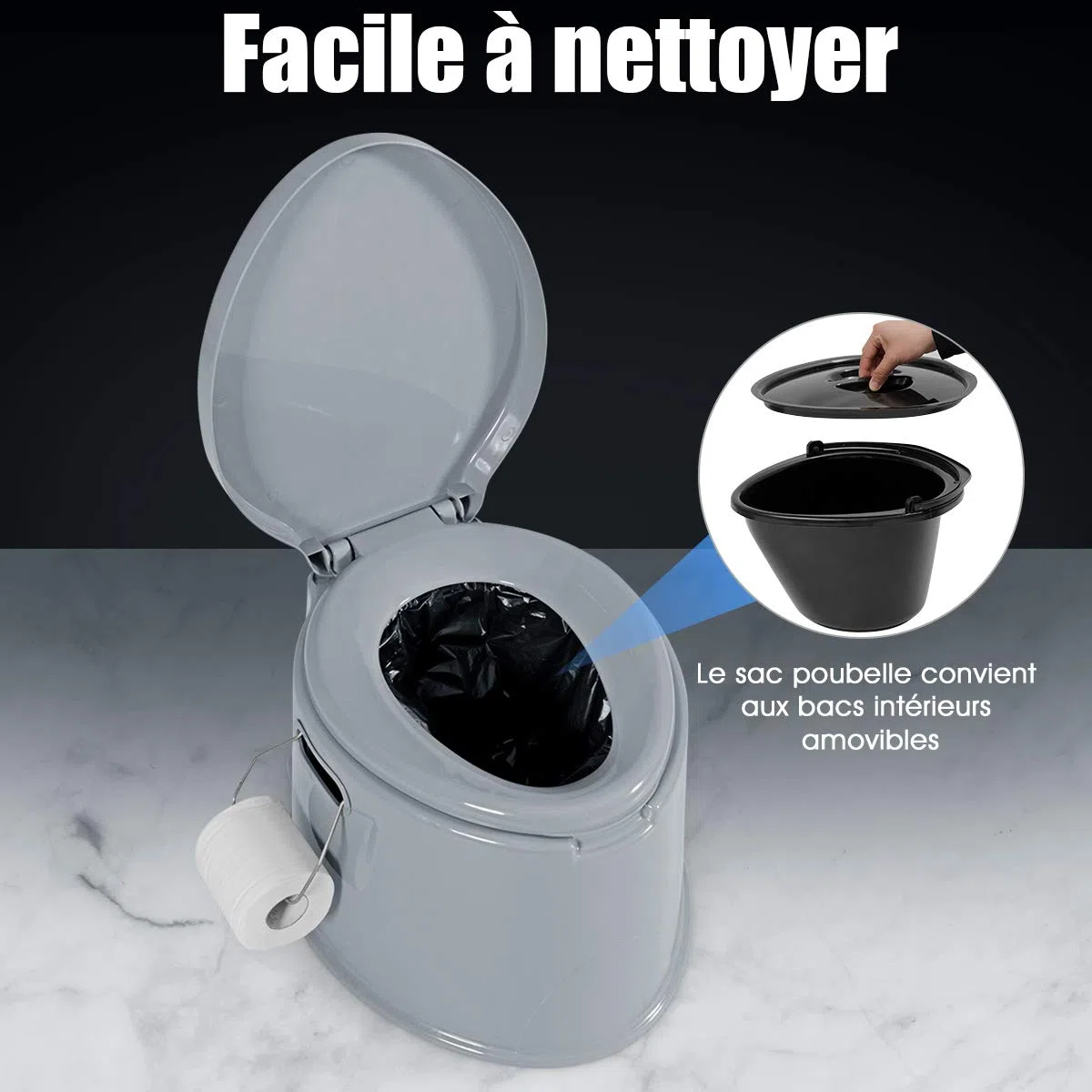 COSTWAY Toilette Sèche Portable Extérieure 5L avec Seau Intérieur et Porte-Papier Amovible pour Camping, Randonnée, Charge Max 200 kg
