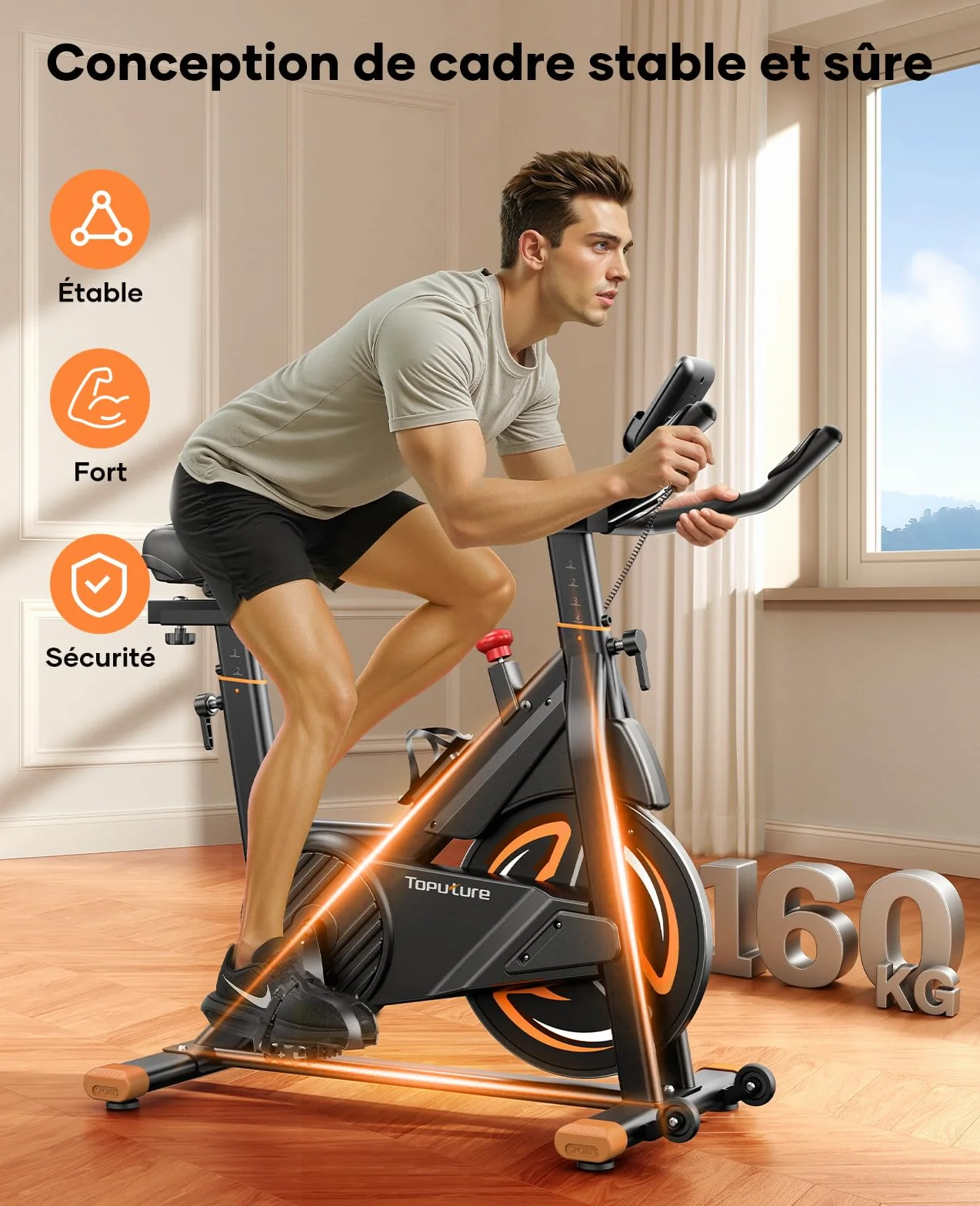 TOPUTURE Vélo d'Appartement Magnétique Connecté APP, Résistance Réglable Silencieux, 160KG