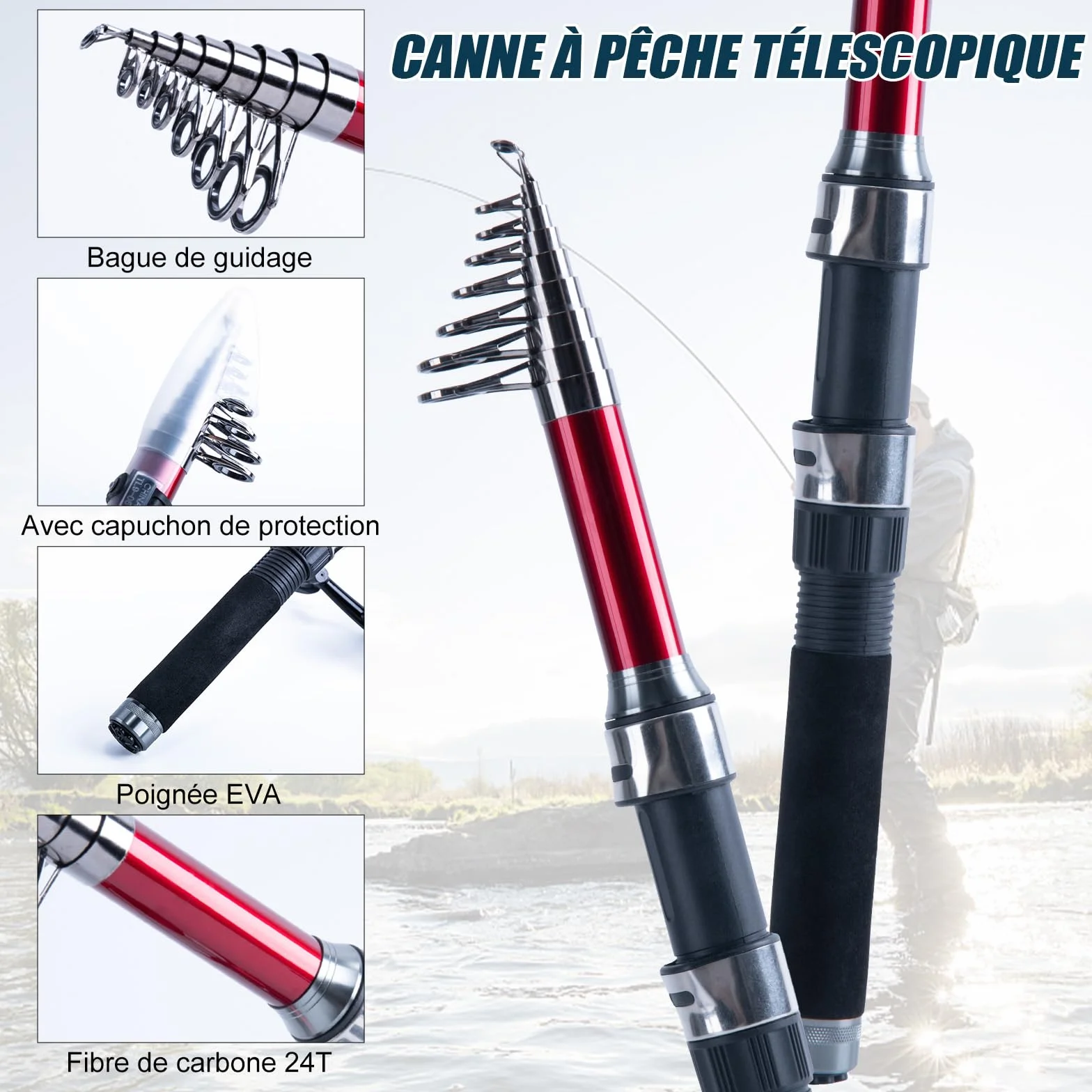 Goture Ensemble de Pêche avec 2 Canne à Pêche Télescopique, Ensemble Complet de d'outils de Pêche et d'appâts avec 2 Moulinet de Pêche 5,2:1 et Sac de Transport - pour la Pêche en Eau salée/Eau Douce