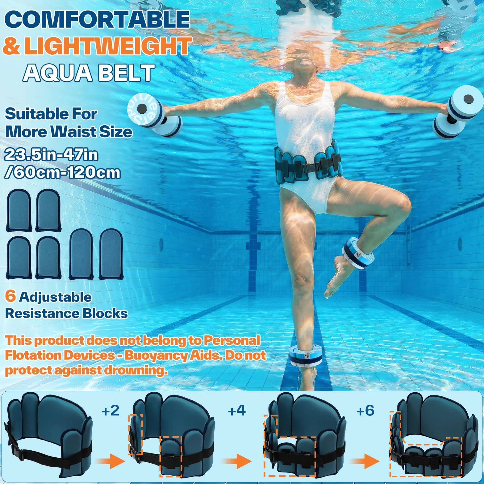 Sportneer Ceinture de jogging Aqua pour adultes - Blocs réglables pour l'entraînement à la résistance à l'eau, ceinture de jogging aquatique pour exercices de piscine, aquagym