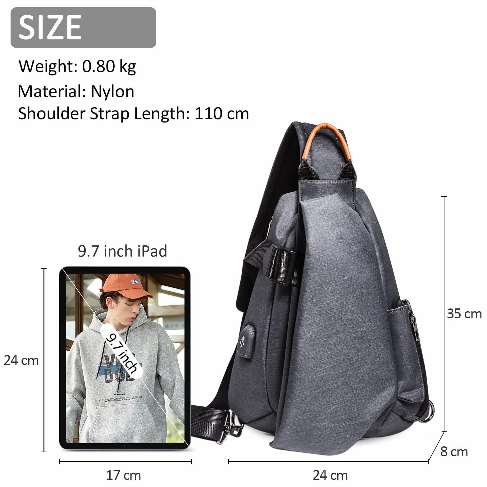 Sac de Poitrine Homme Mode USB Sling Sac Voyage Bandoulière Portable Camping