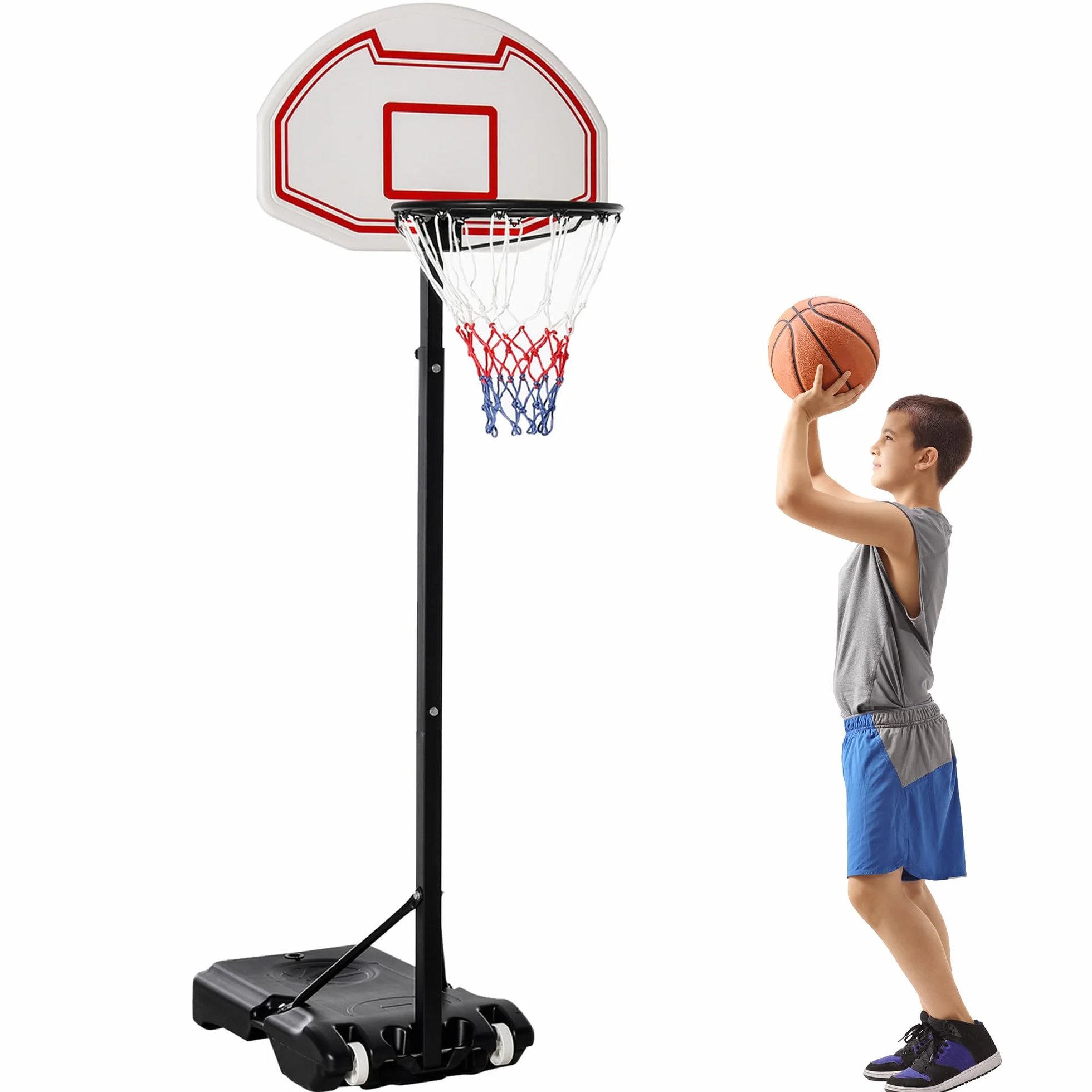 HOMCOM Panier de Basket-Ball sur Pied avec Poteau Panneau, Base de lestage sur roulettes Hauteur réglable 1,9-2,5 m Noir Blanc
