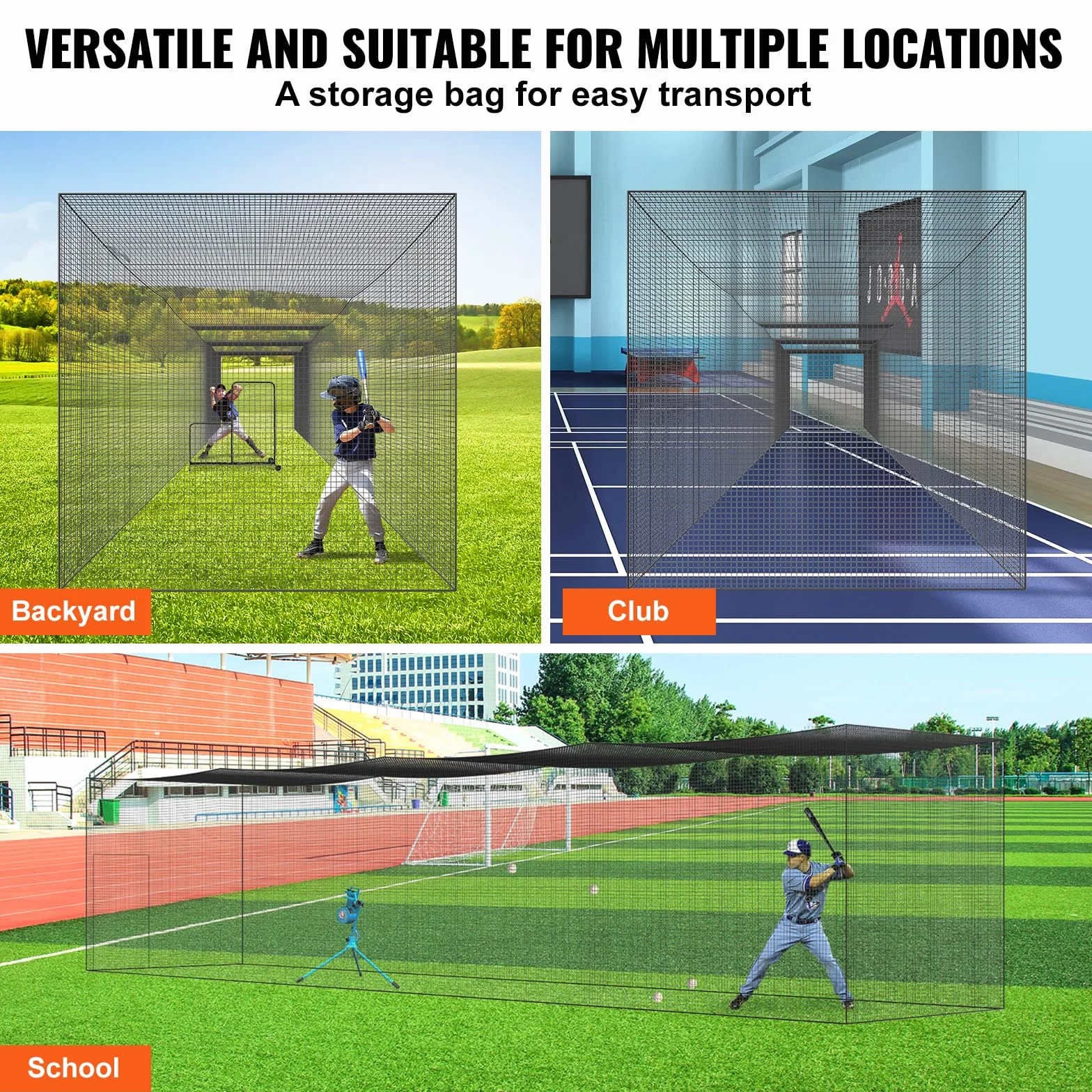 VEVOR Cage Frappeur de Baseball 17,4 m, Filet d'Entraînement Professionnel pour Frappeur de Softball, Cage de Lancer Portable avec Porte et Sac de Transport, Filet en PE Fermé Robuste Extérieur