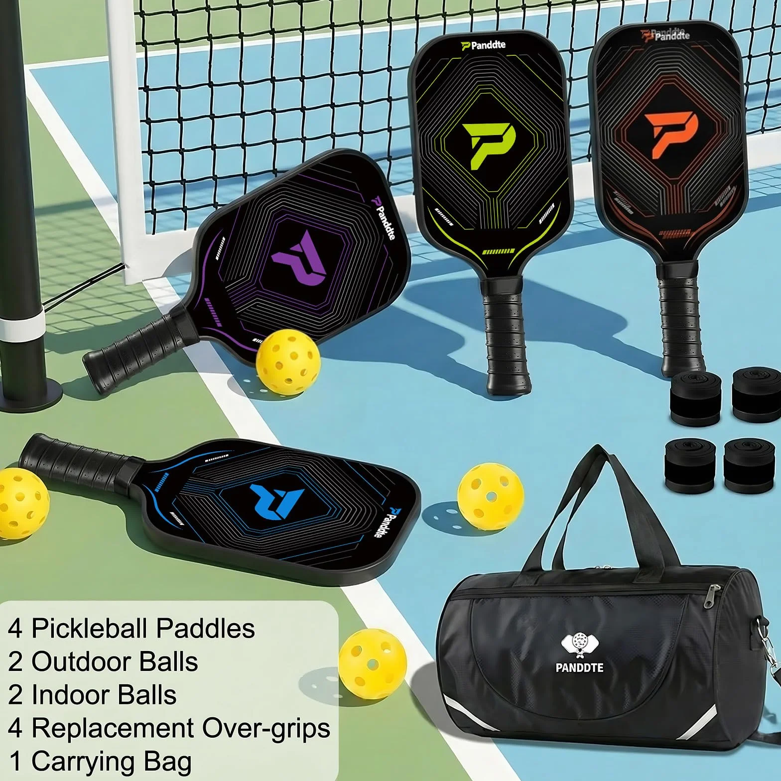 Raquettes Pickleball Set 4 Pièces, Kit Pickleball Complet avec Sac et Balles, Paddles Fibre de Carbone Légères, pour Débutant et Intermédiaire, Intérieur Extérieur