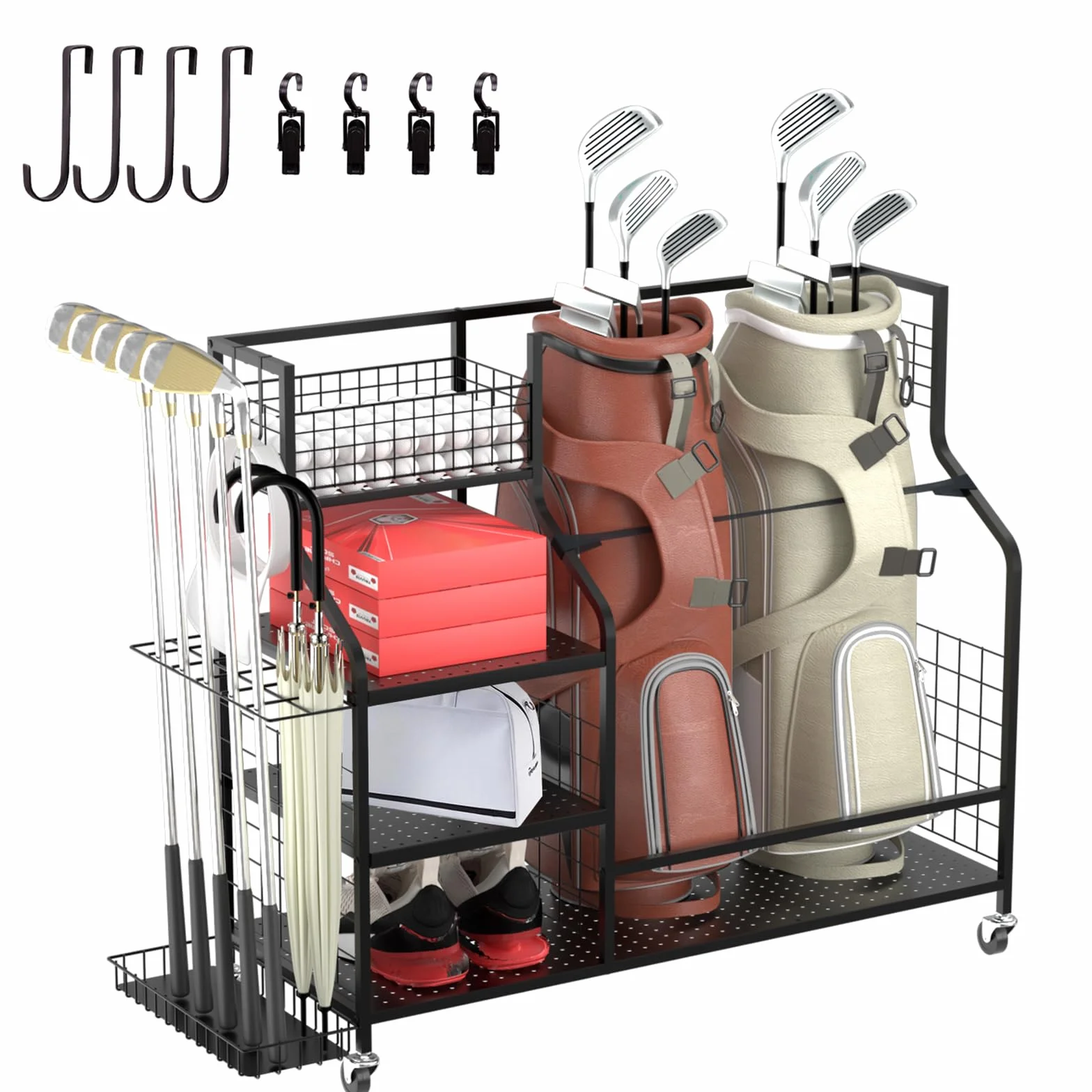 Sac de rangement pour sac de golf, support de rangement pour club de golf, organiseur de sac, pour garage, équipement de sport, convient pour 2 sacs, rangement de jouets d'extérieur (avec poches