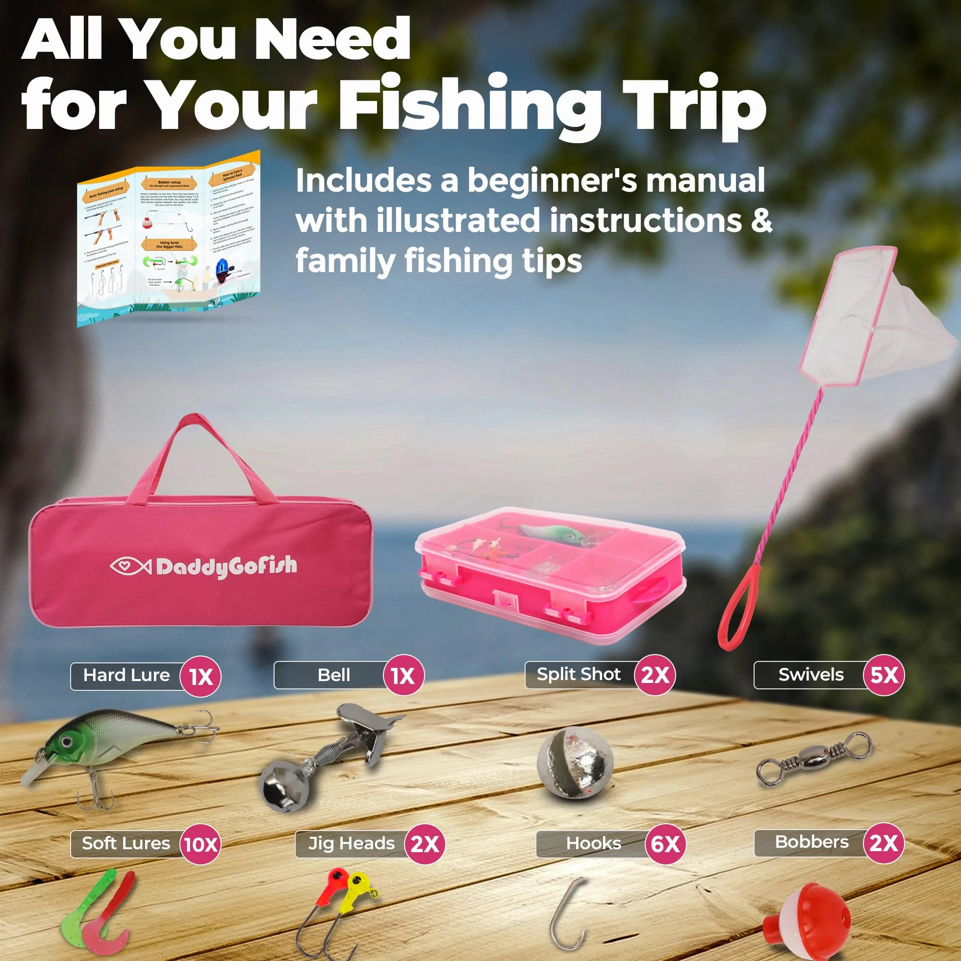 DaddyGoFish Ensemble Canne à pêche et Moulinet pour Enfants, Coffret de matériel de pêche, Petit équipement de première année pour garçons et Filles débutants