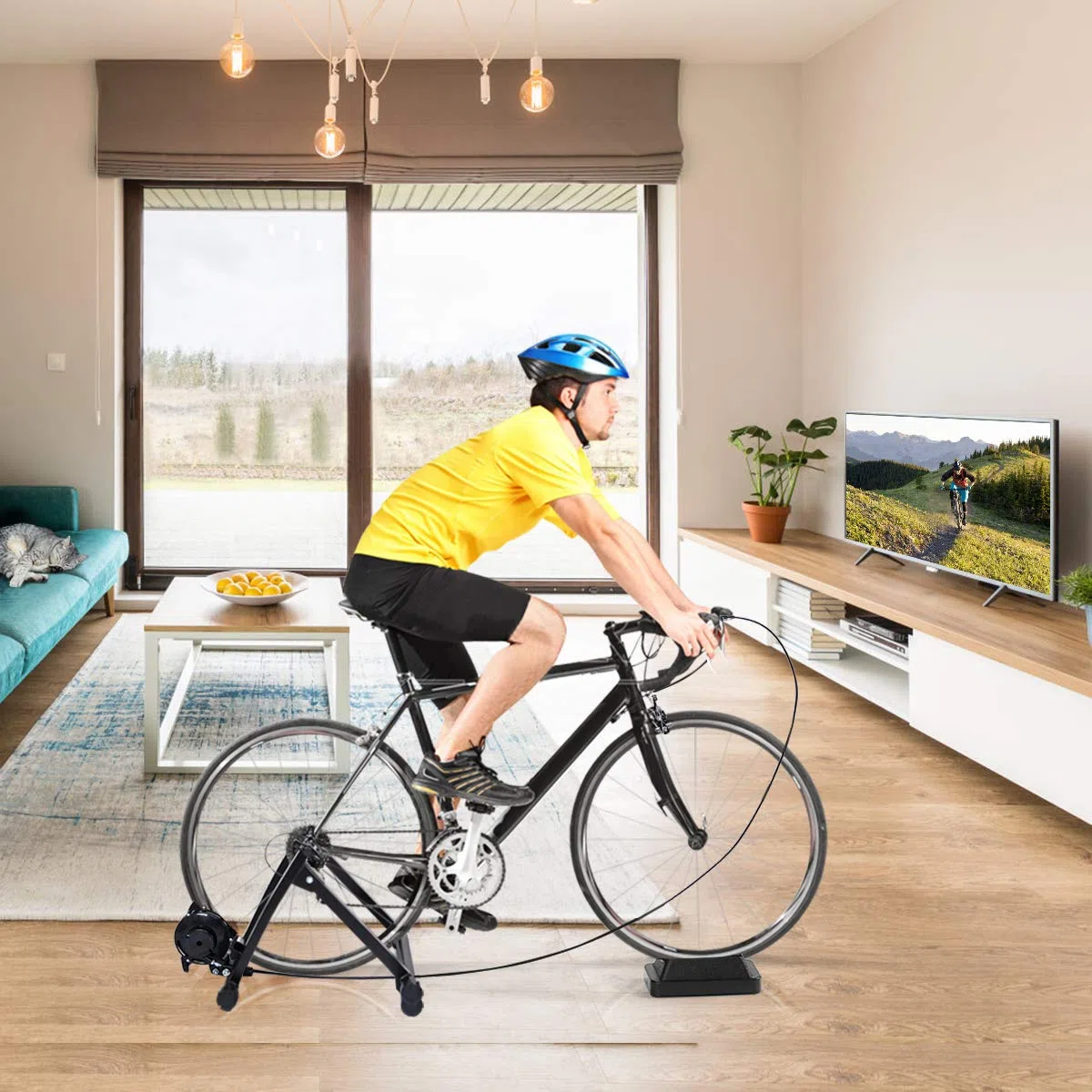 COSTWAY Home Trainer Vélo Magnétique pour Roue 26-28’’ 700 C Entraîneur Turbo de Vélo Pliable Noir en Acier Charger Max 150KG