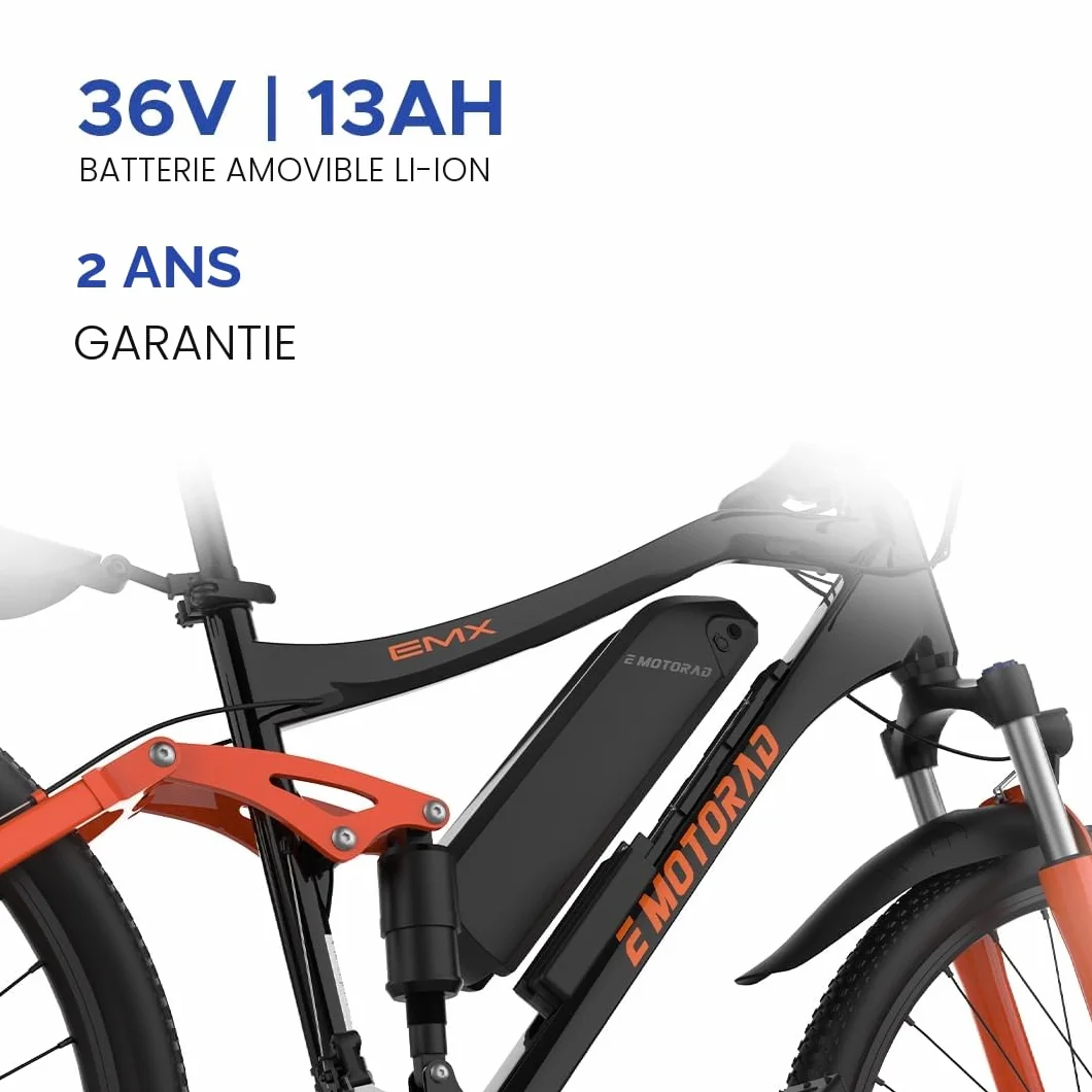 EMotorad EMX+ | Vélo électrique Tout-Terrain pour Adultes | pneus 27,5 x 2,1" | Moteur 36 V 250 W | Batterie 13 Ah Amovible | Double Suspension | Freins Hydrauliques | Écran Couleur C8