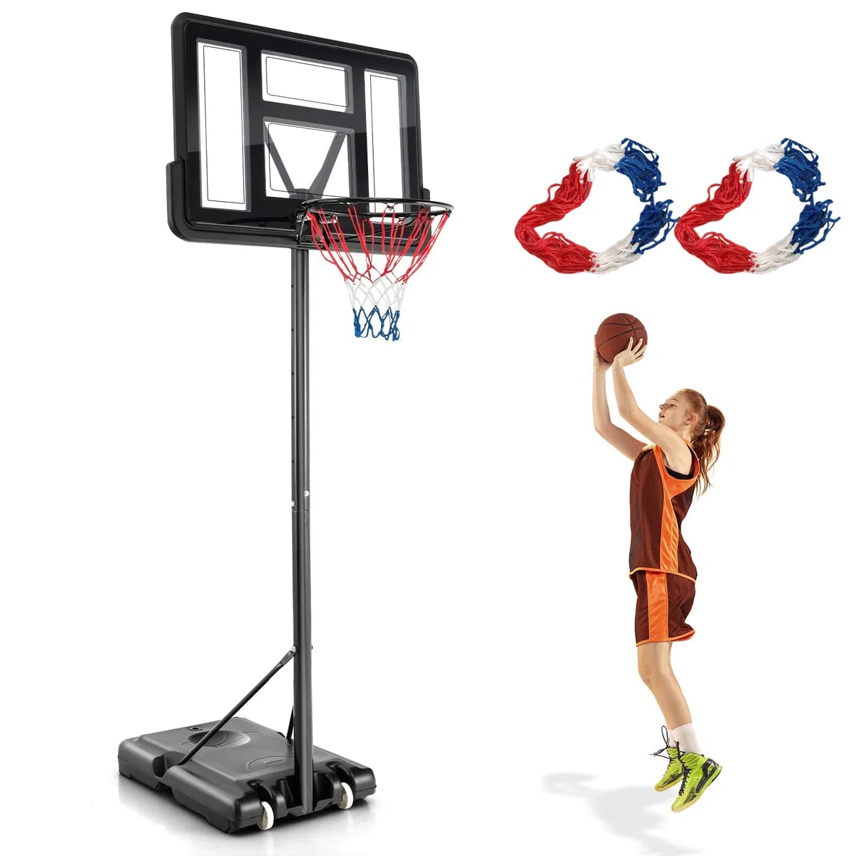 GYMAX Panier Basket Extérieur pour Enfants Adultes, Hauteur Réglable 135-305CM, Mobile avec Roues, Base Remplissable, 2 Filets Fournis, Panneau Arrière Incassable