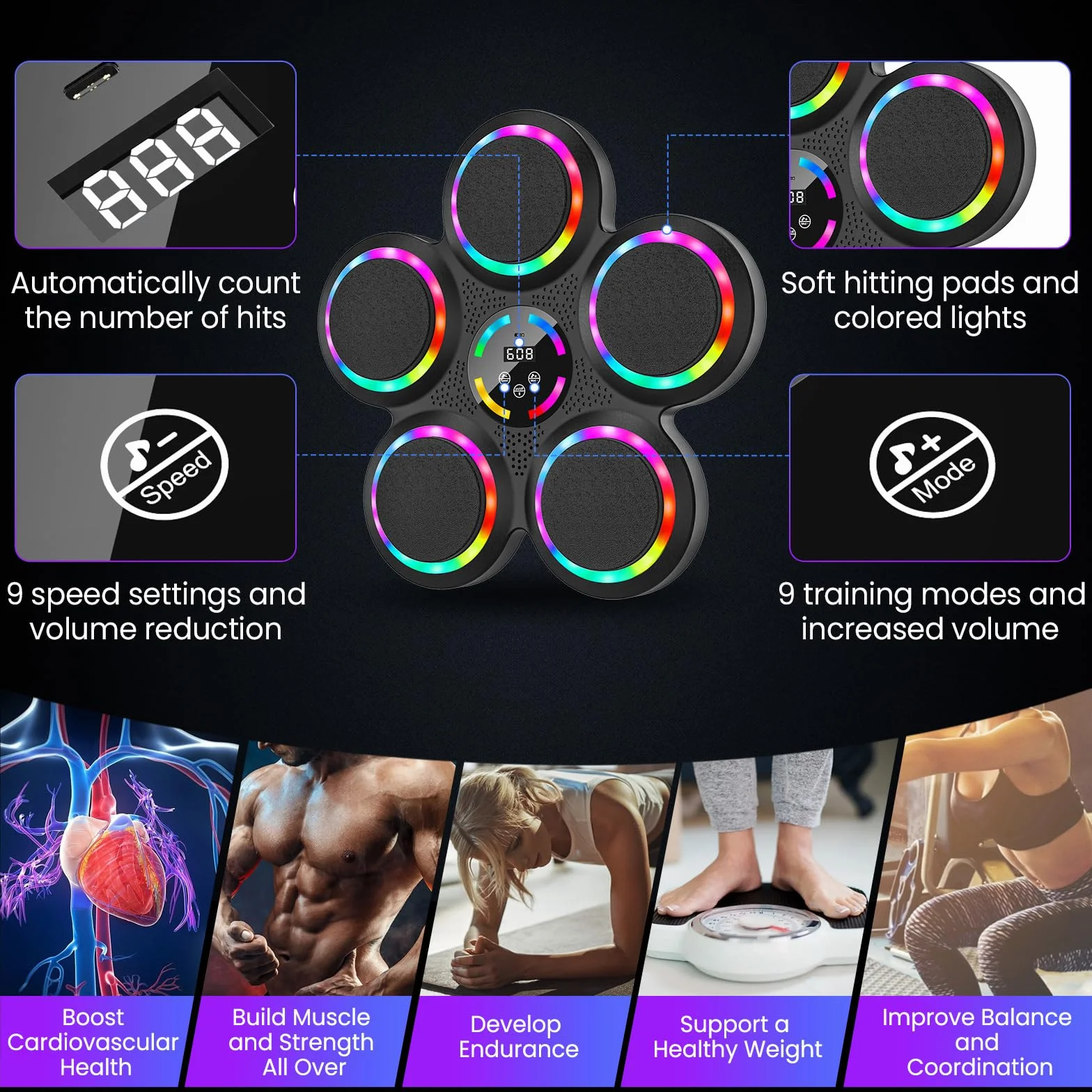 IERAKOR Musique Machine de Boxe, Gants, Bluetooth, 9 Vitesses Modes, Sport à Domicile