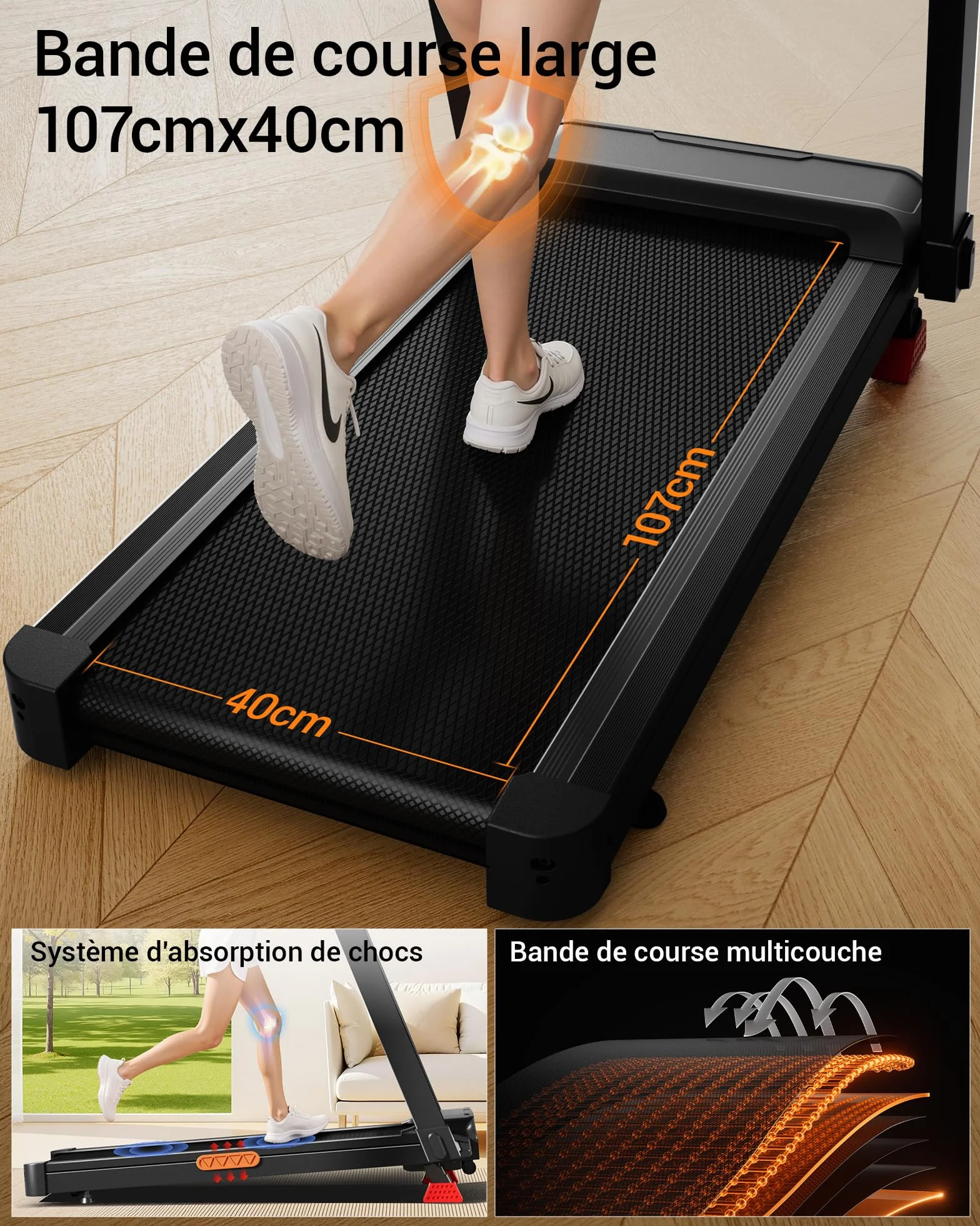 LONTEK Tapis de Course Pliable Inclinable 16% 14KM/H 3,5CV avec Fréquence Cardiaque Affichage LED Charge Max 180KG Compact