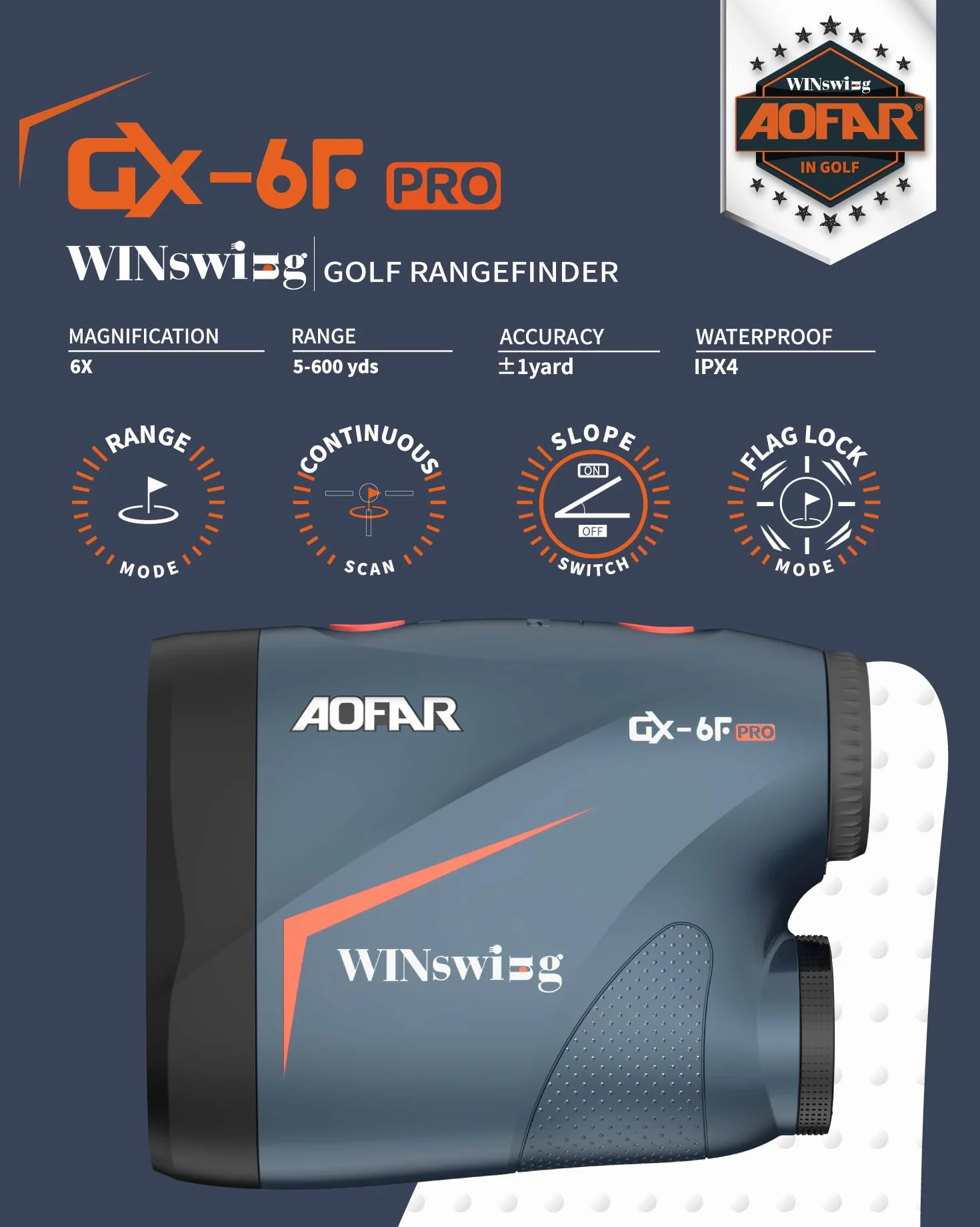 AOFAR GX-6F Pro Télémètre de Golf avec Pente, 600Y, Télémètre à Balayage Continu, Verrouillage des Drapeaux avec Vibration Pulsée pour la compétition, Lecture à 0,2 Seconde, Version Upgradée
