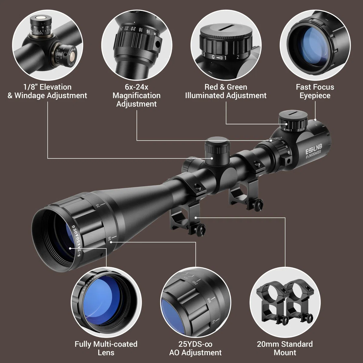 ESSSNB Airsoft Lunette De Visée 6-24x50 avec Télémètre AOEG 5 Luminosité Réglages pour 20mm/22mm Weaver/Picatinny Montage sur Rail et des couvertures Lentille Optique pour la Chasse