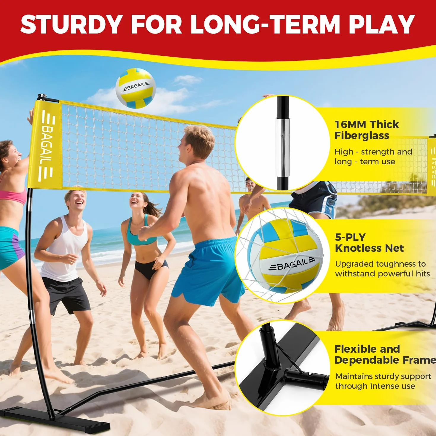 Filet de volley-ball portable 3,7 m/6,1 m réglable pour arrière-cour - Ensemble intérieur/extérieur avec sac de transport