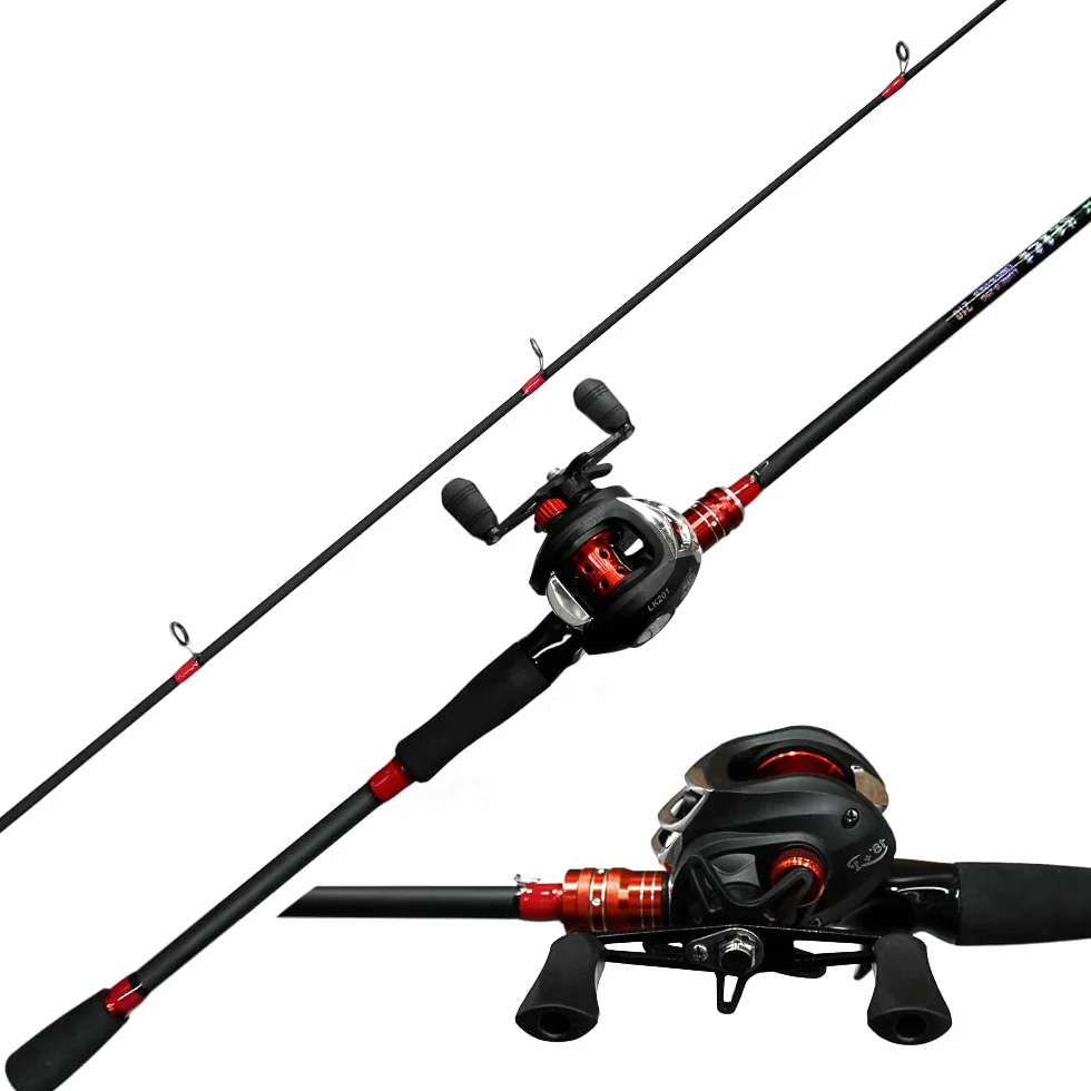 Kilitn Canne à pêche et Moulinet, Baitcasting Combo Baitcast Reel, 1,8 m 2,1 m 2 pièces en Fibre de Verre Durable enveloppée de Fibre de Carbone avec poignée Confortable en EVA