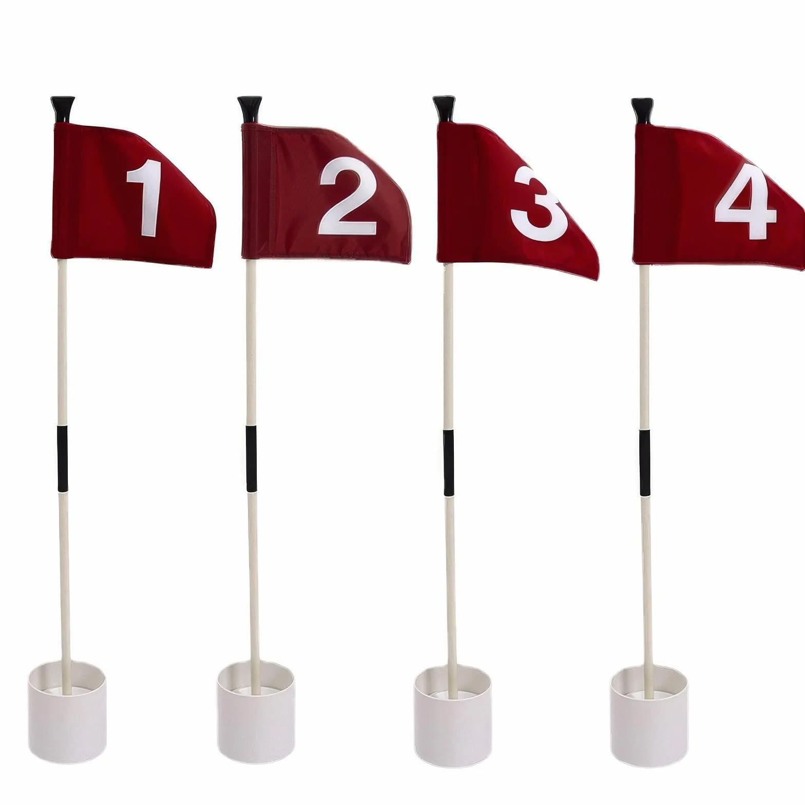 Putting Green Flags Lot de 4 drapeaux numérotés recto-verso (1-4), bâton de golf amovible (hauteur totale 83 cm, diamètre de la tasse de trou de 10,7 cm), rouge, 26 cm x 16,5 cm, accessoire