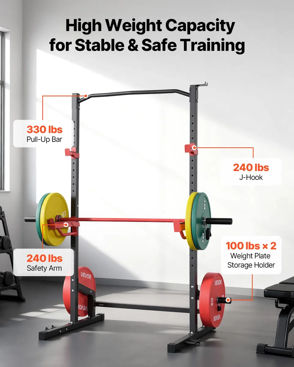 VEVOR Cage de Musculation Multifonctionnelle, Rack à Squats avec Crochets en J Réglables, Station de Musculation pour Squats Développés Couchés Tractions Gym et Domicile, avec Barres de Sécurité