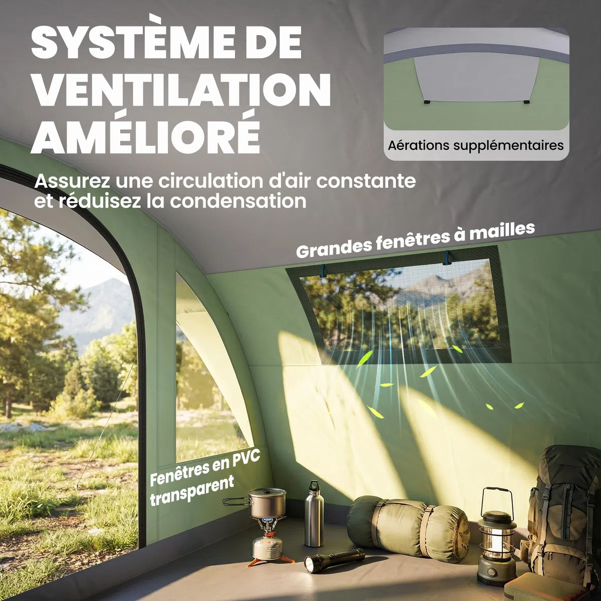 Outsunny Tente de Camping pour 5 Personnes, Tente Tunnel familiale légère ventilée étanche 3 000 mm Montage Facile, 4 fenêtres et Porche, Sac de Transport, pour randonnée Trekking pêche, Vert