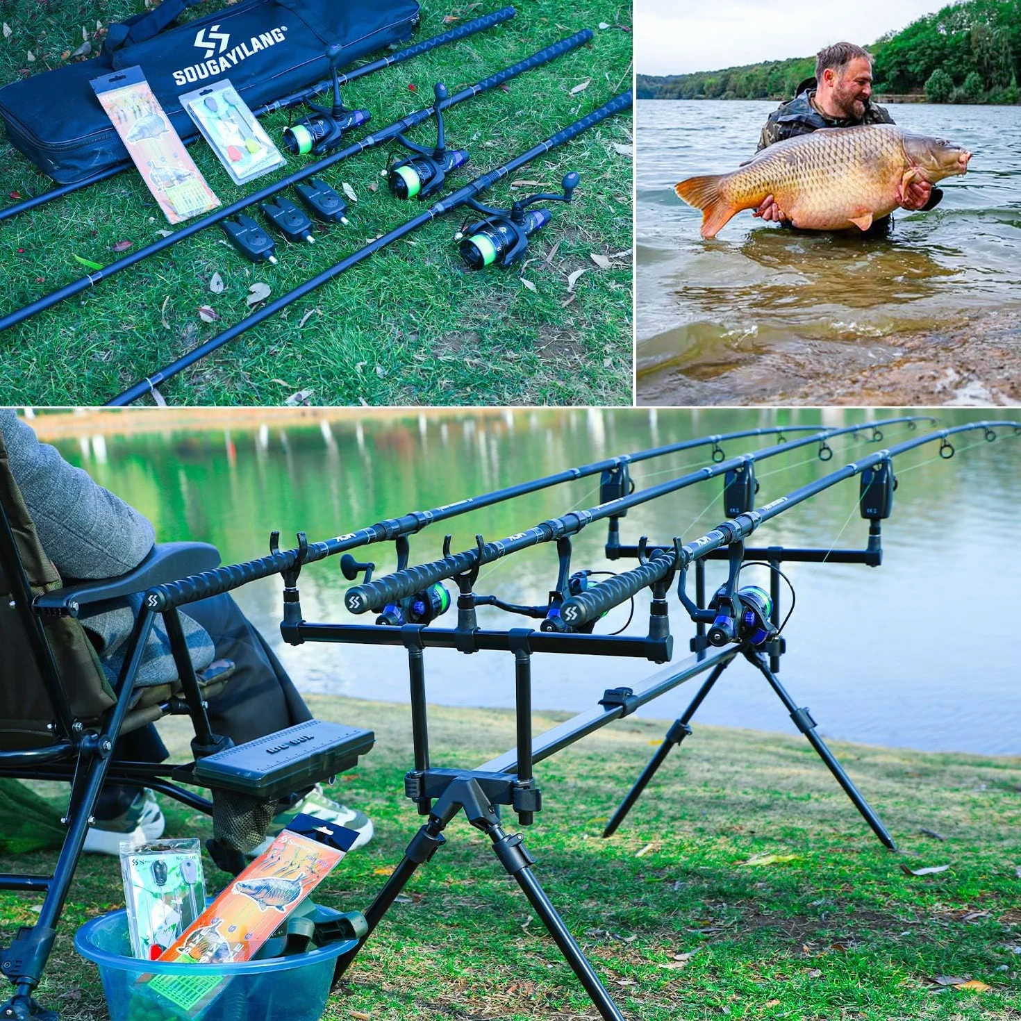 Sougayilang Ensemble de pêche à la carpe, 3 cannes de 3,3 m + moulinets série 4000, détecteurs de morsure, support de canne réglable, kit complet pour lacs et rivières à la carpe