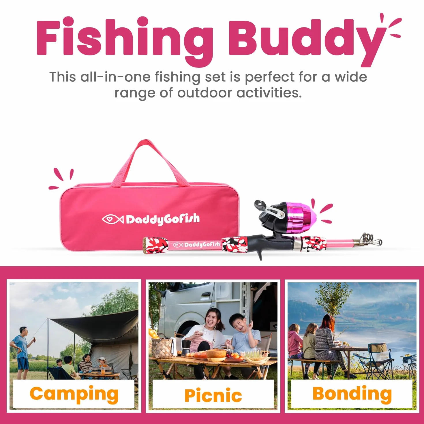 DaddyGoFish Ensemble Canne à pêche et Moulinet pour Enfants, Coffret de matériel de pêche, Petit équipement de première année pour garçons et Filles débutants