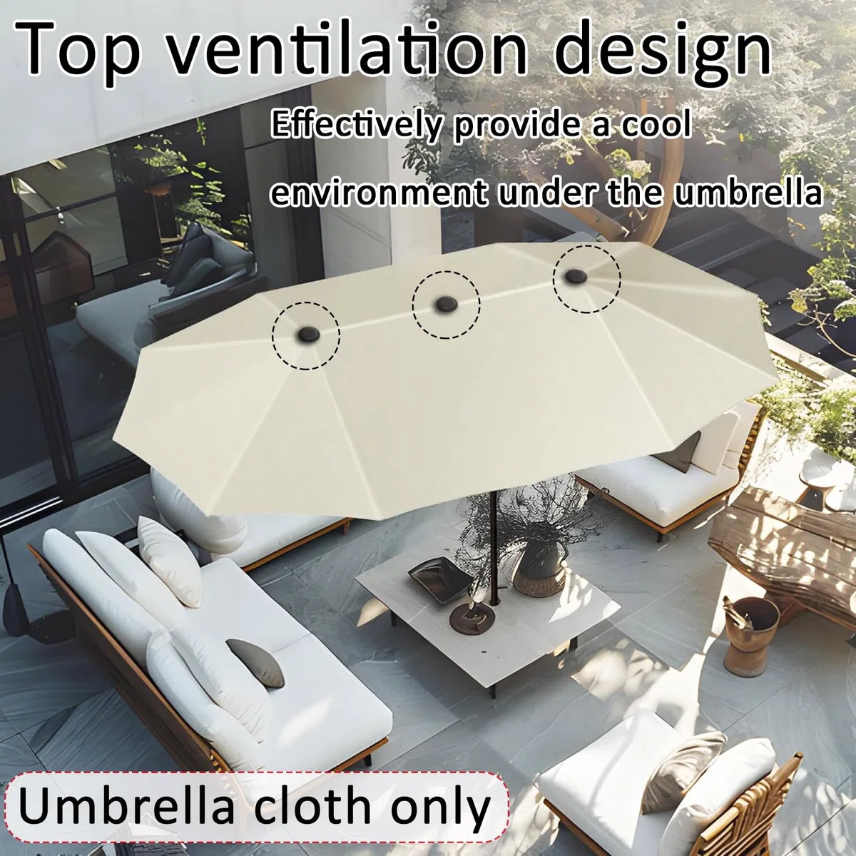 12 Baleines 3 Têtes Toile De Rechange Pour Parasol, Dessus De Parapluie De Remplacement Pour Parasol Déporté, Cour, Jardin, Ø270cm Imperméable Auvent De Rechange, Pas Facile À Décolorer(Off white)
