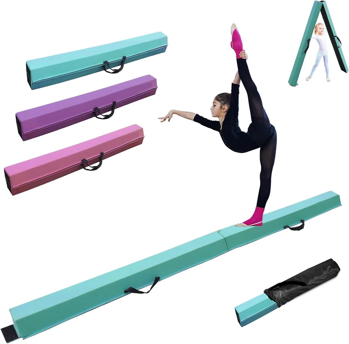 Poutre de Gymnastique Pliable en Cuir synthétique de 2.1/2.4/2.7/3m, équipement de Gymnastique pour la Maison, Filles, Enfants, Adultes, avec poignées de Transport, Base antidérapante