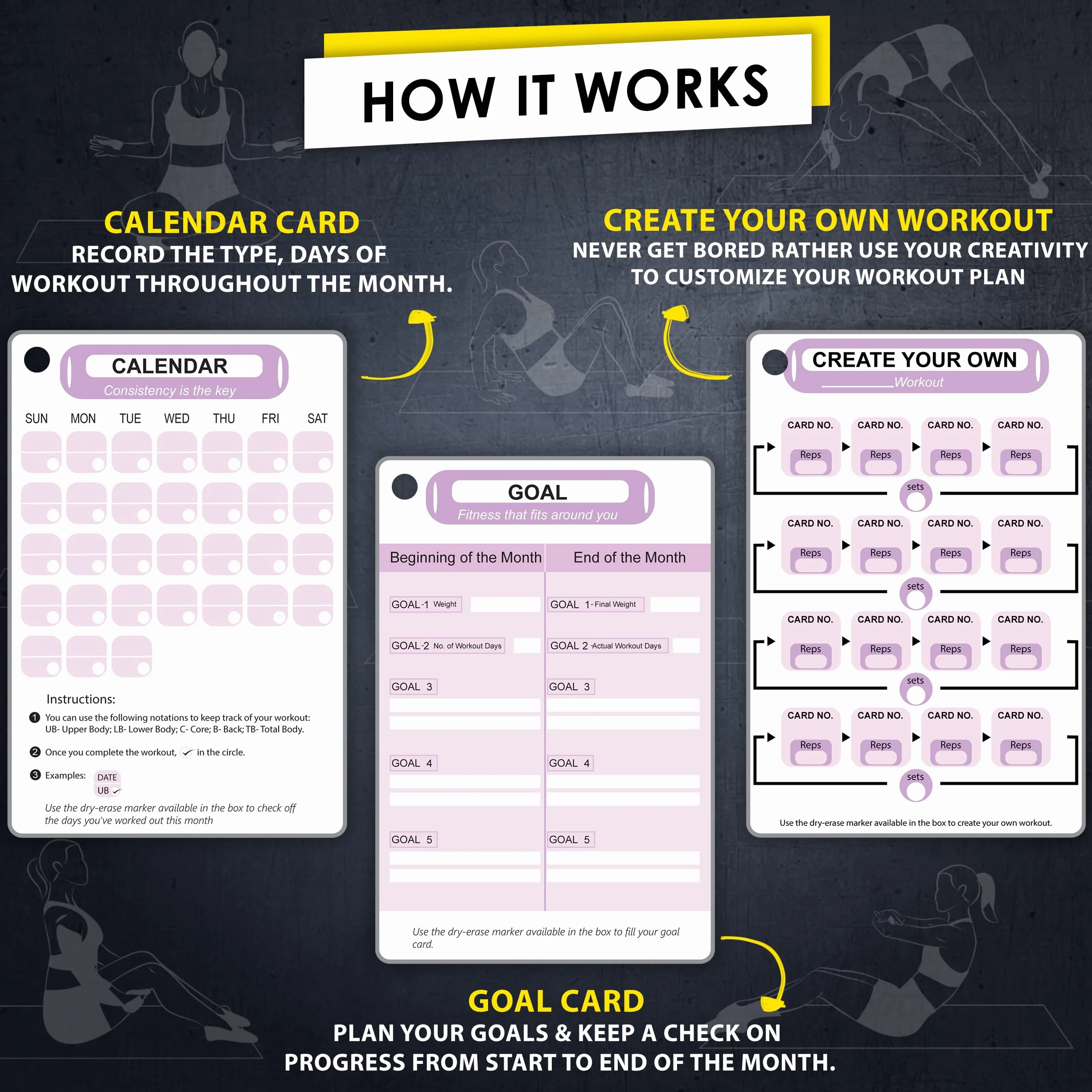 Cartes de Pilates – 58 cartes d'exercice avec instructions vidéo et conseils de respiration | Marqueur effaçable à sec et anneau gratuit pour planificateur d'entraînement à domicile pour femme
