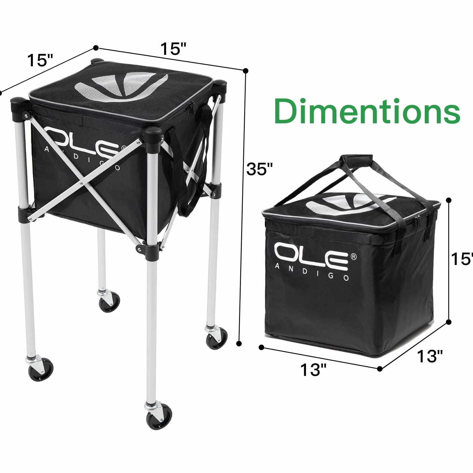 Tennis Ball Hopper Basket 160 Balls with Side Pockets Lightweight Cart Wheels
