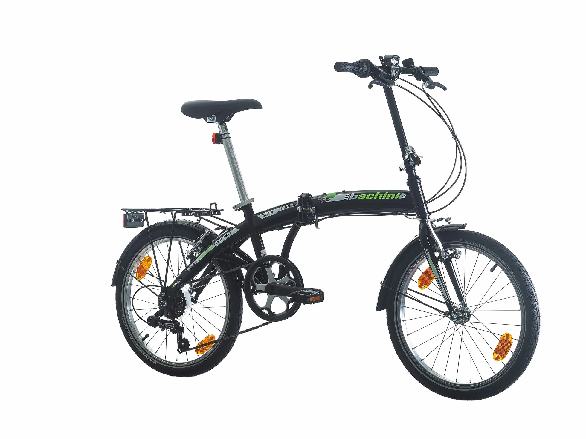Multibrand Bachini Folding Vélo Pliant Moderne 20 Pouces, 6 Vitesses, Frein V-Brake, Garde-Boue, Sonnette, pour Adultes et Adolescents, Convient pour 155–185 cm (Noir avec Vert et Blanc)