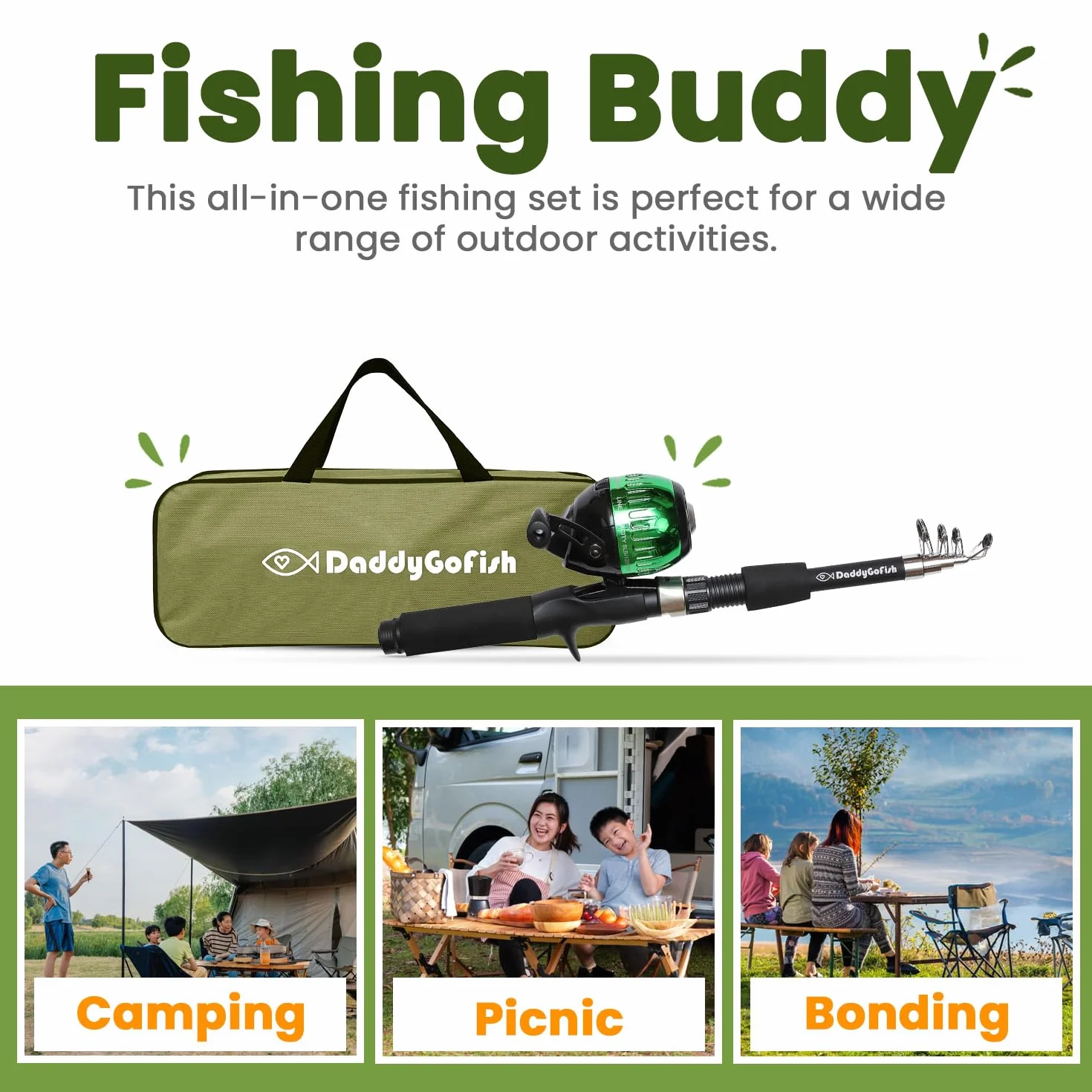 DaddyGoFish Enfants Canne à pêche télescopique Spincast Combo Chaise Pliable Porte-Canne boîte à appâts Filet et Sac de Transport garçons et Filles