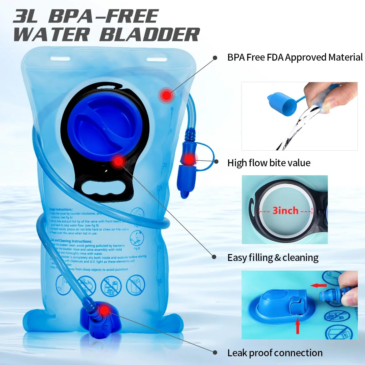 Sac à Dos d'hydratation avec vessie d'hydratation 3L, Sac à Dos de Cyclisme extérieur imperméable et Respirant de Grande capacité, pour la Course, la randonnée, Le Cyclisme, Le Camping…