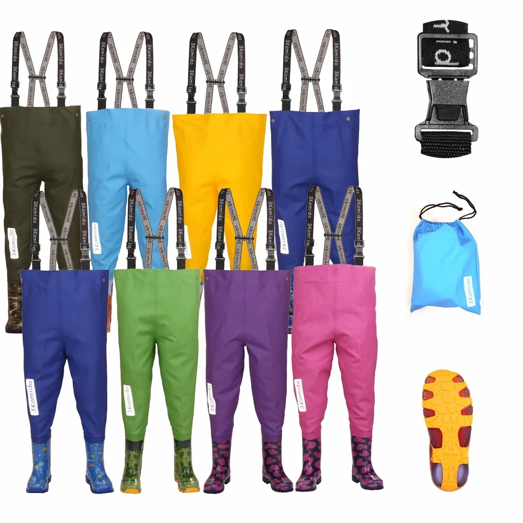Enfant Cuissardes de pêche Jeunesse - 10 modèles, Taille Ajustable, Bretelles durables, Boucle FixLock Nexus, Enfants Waders, Bottes de pêche, Poitrine échassiers, 20-35 EU