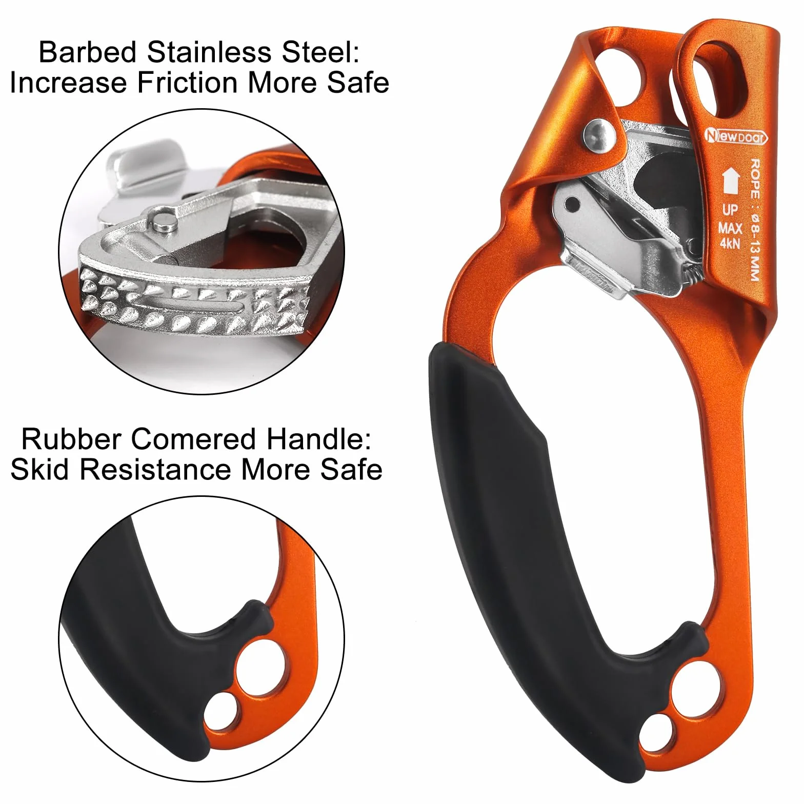 NewDoar UIAA & CE Certifié Main Ascendeur Bloqueur Poignée Ergonomique Escalade Arbre Arboriste Rappel Gear Équipement Corde Pince pour 8~13 MM Corde-Orange Gauche et Bleu Droit
