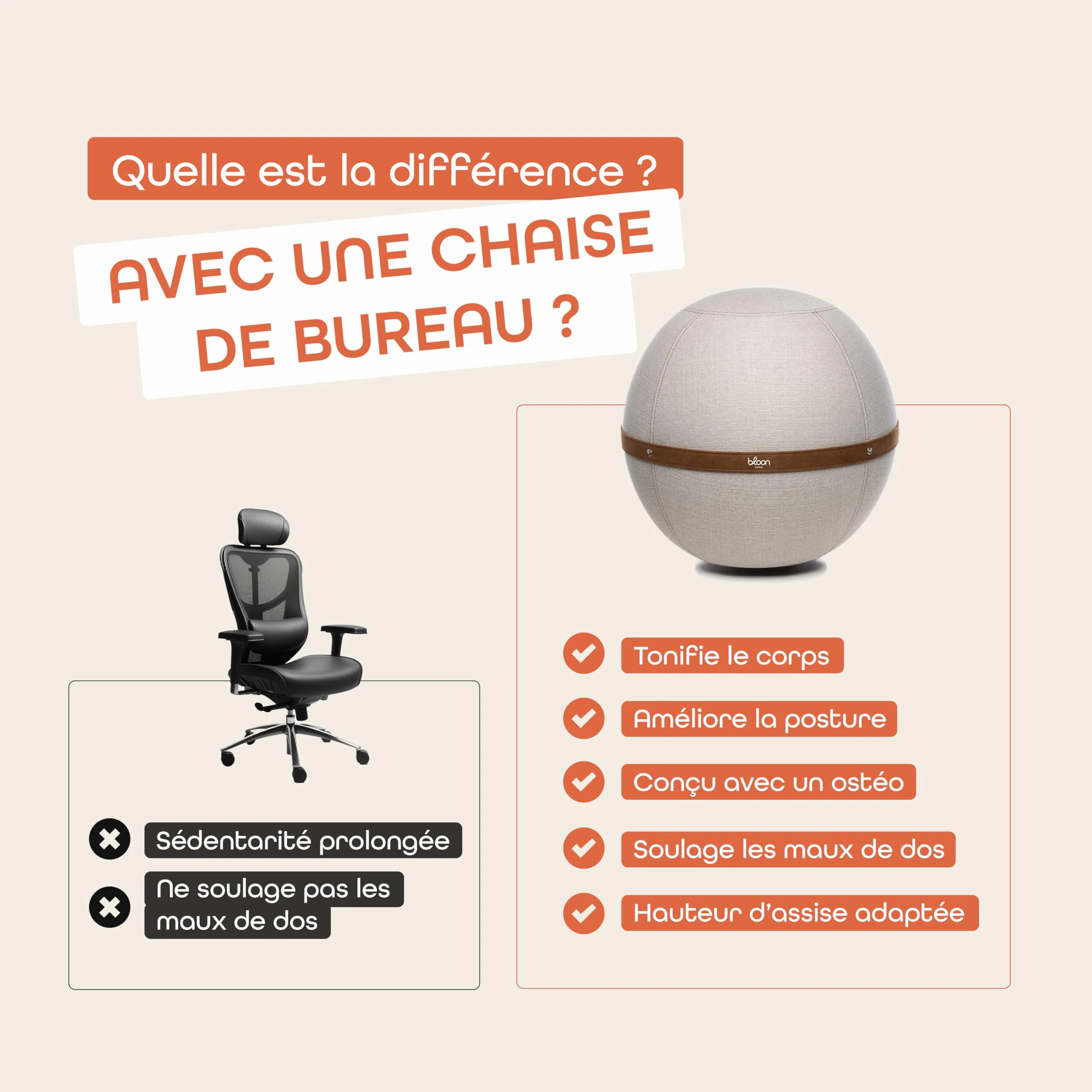 Bloon Siège Ballon Bureau Ergonomique Premium| Déperlant, Anti Mal de Dos, Anti-dérapant, Anti-tâches & Ultra-résistant | Fait à la Main au Portugal | Couleur Gris Silice | 55 cm