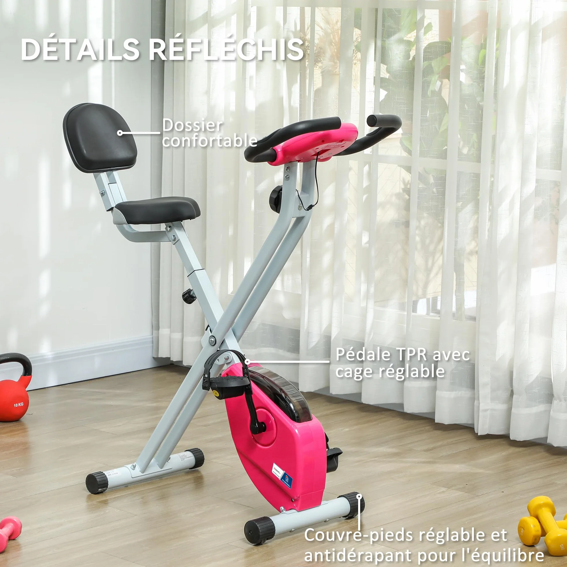 HOMCOM Vélo d'Appartement Magnétique Pliable - Collaboration Aosom.fr x FFHandball - Vélo de Fitness en X Silencieux pour Sport Maison et Cardio-training - Écran LCD & Capteur Pouls
