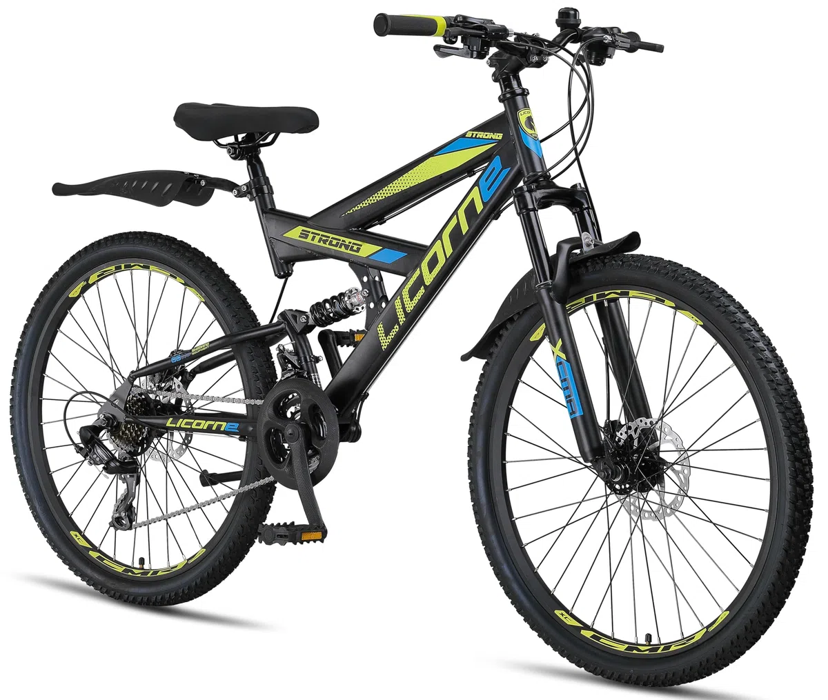 Licorne Bike Strong 2D Premium VTT 26", 27,5" et 29" - Vélo pour garçon, fille, femme et homme - Frein à disque avant et arrière - Dérailleur 21 vitesses - Suspension complète