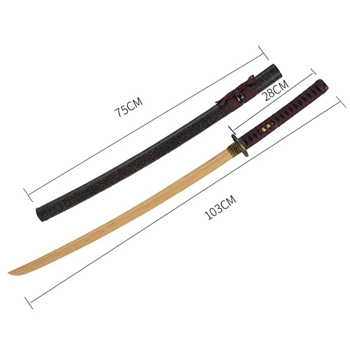 Katana en Bambou Naturel de 103 cm,Bokken Fait Main avec Fourreau en Bois gainé de Cuir,Sabre de samouraï en Bois pour Cadeau,Exposition,entraînement,Cosplay,Accessoires.
