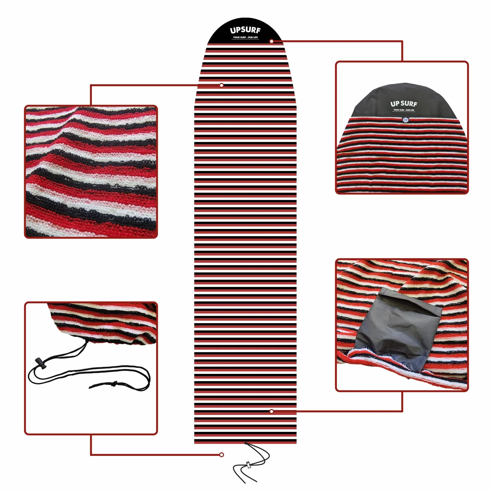 UPSURF Housse de chaussettes de surf longue pour planche de surf 2'/2'6"/2,4 m/2,9 m/3,5 m
