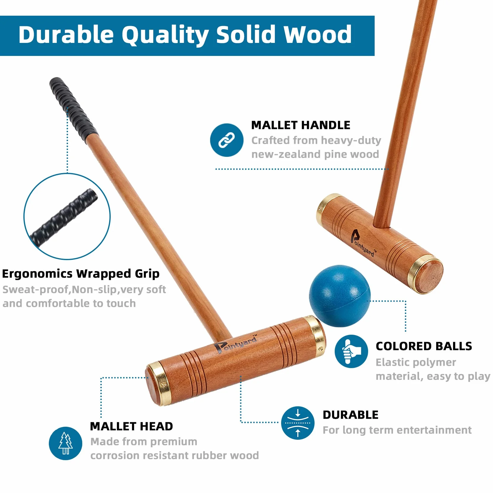 Ensemble de croquet de luxe pour 6 joueurs de 89.9 cm, style rétro Annatto avec maillets en bois, piquets pour adultes/adolescents/famille, parfait pour pelouse/jeu dans le jardin/parc
