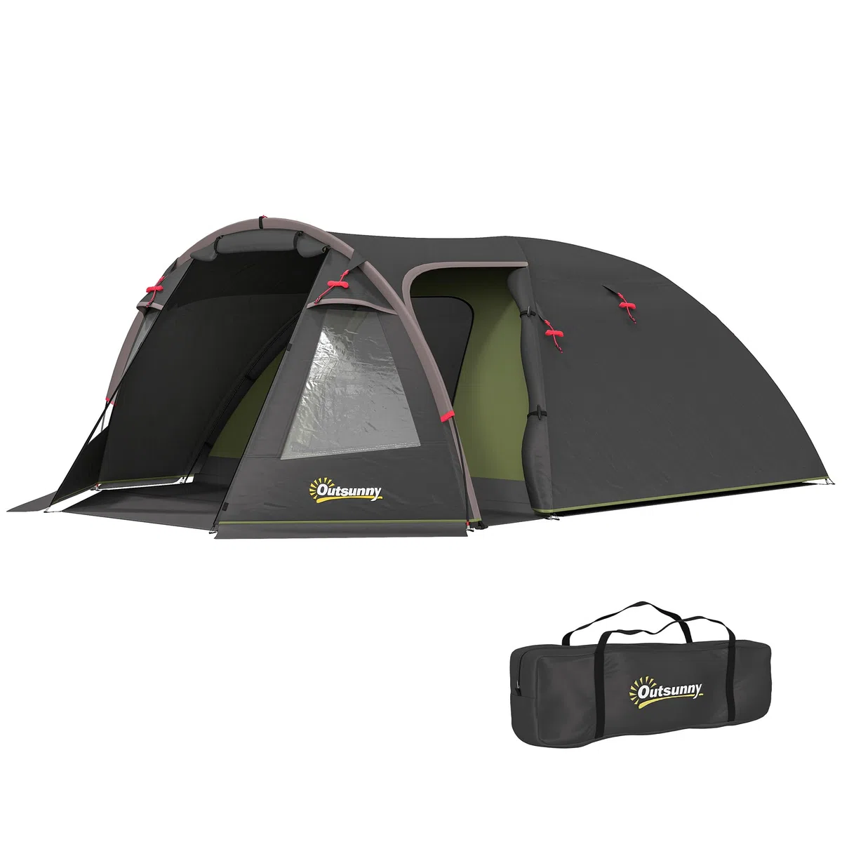 Outsunny Tente de Camping familiale pour 2-4 Personnes, Tente Tunnel imperméable 3000 mm avec 3 Portes, fenêtres, Sac de Transport, pour Camping Voyage randonnée Jardin, Noir