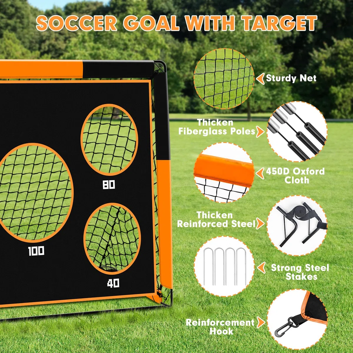 But de Foot 2 en 1 pour Jardin, Cage de Football avec Cible de Tir, Filet Pliable Outdoor, But pour Enfants avec 4 Piquets et Sac de Transport