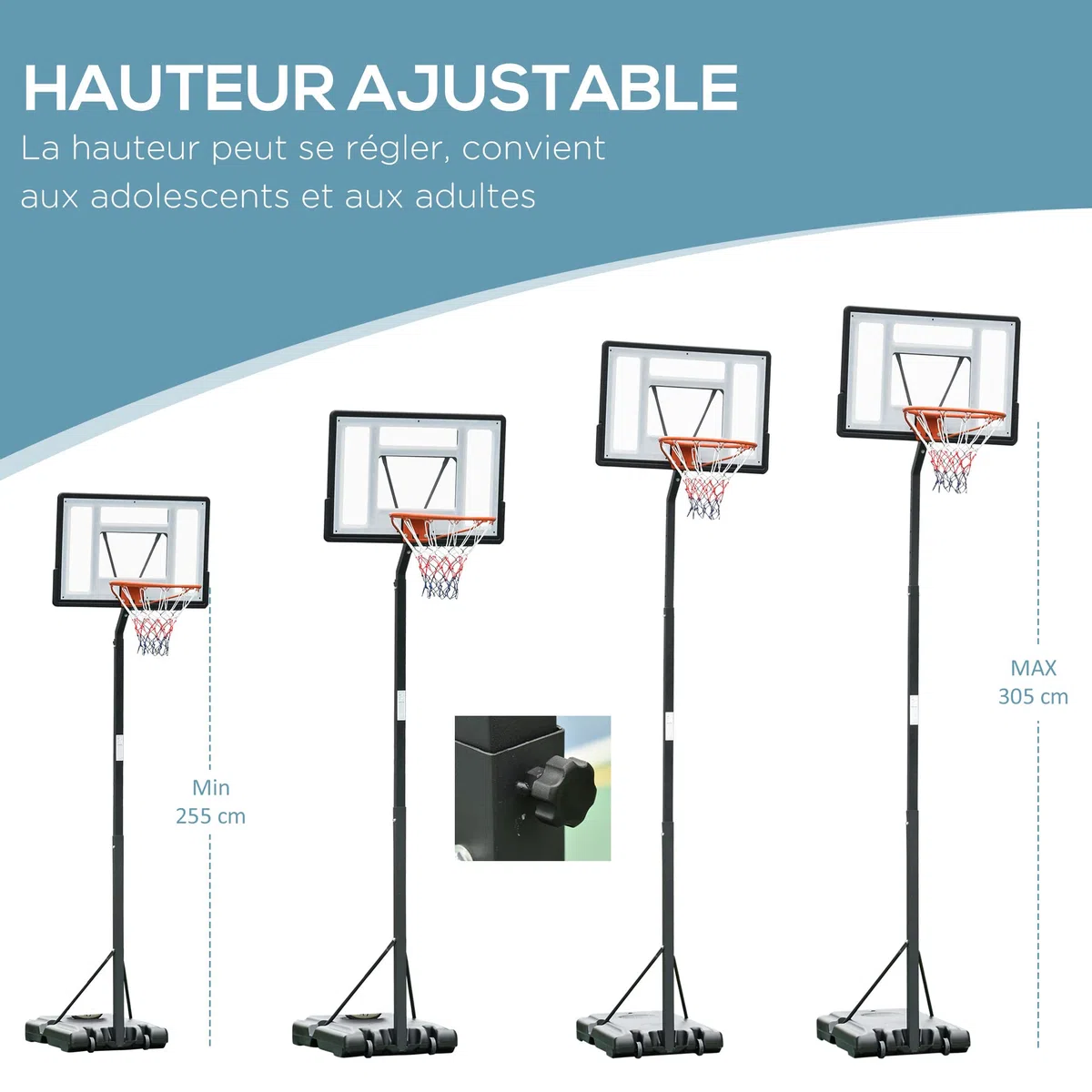 HOMCOM Panier de Basket extérieur avec Poteau Panneau, Base de lestage sur roulettes Hauteur réglable 2,55-3,05 m (Panier) Usage intérieur extérieur Noir Blanc